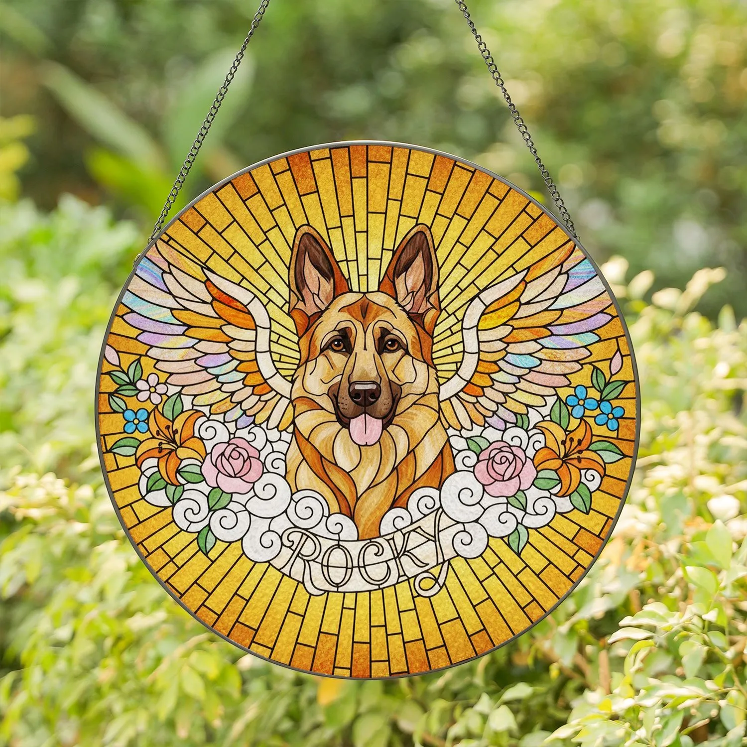 German Shepherd Dog Rainbow Wings Stained Glass Art Rocky Pastel Floral Sunburst Mosaic Stained Glass Suncatcher - 1