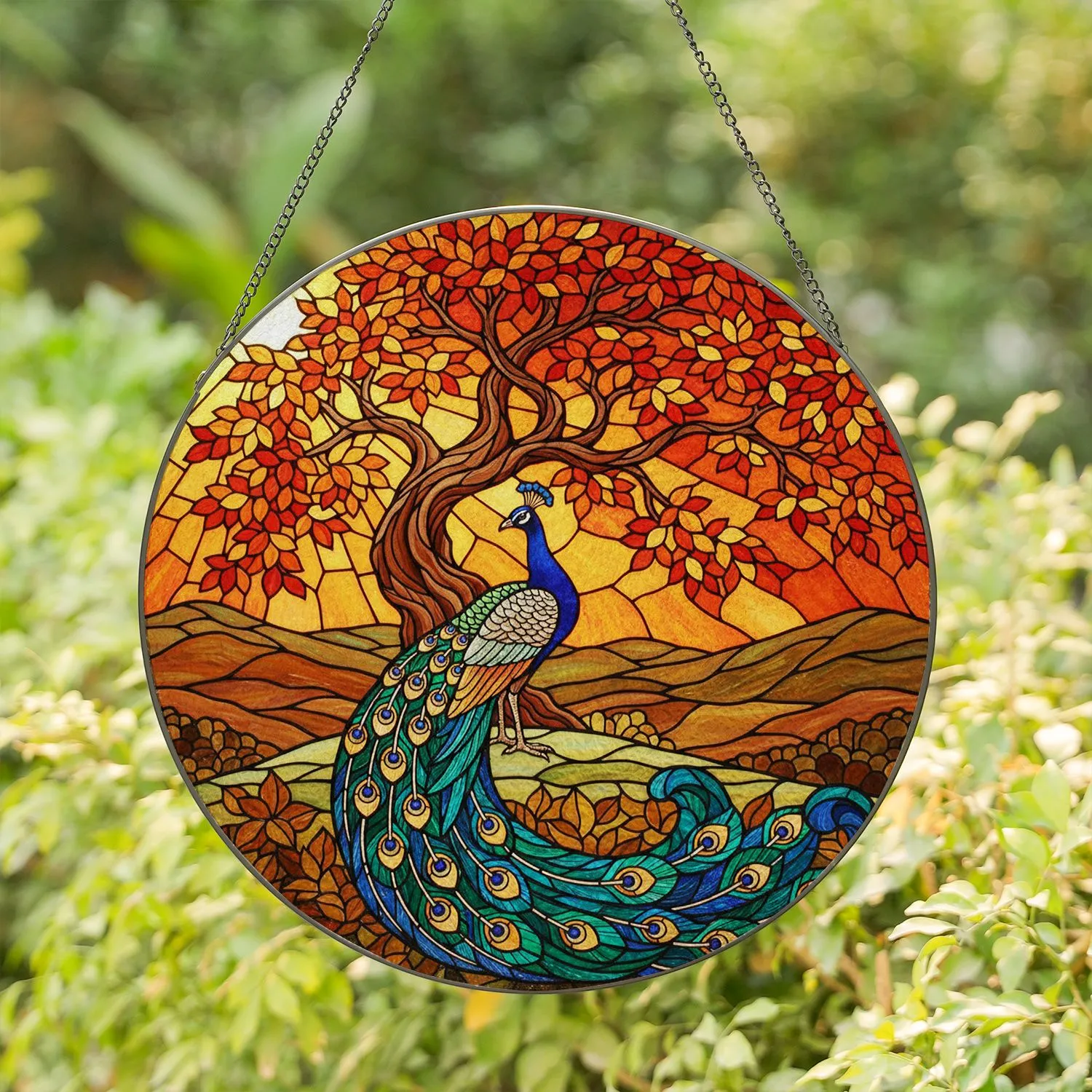 Majestic Peacock Tiffany Stained Glass Suncatcher - Autumn Tree, Hills & Luminous Moon - 1