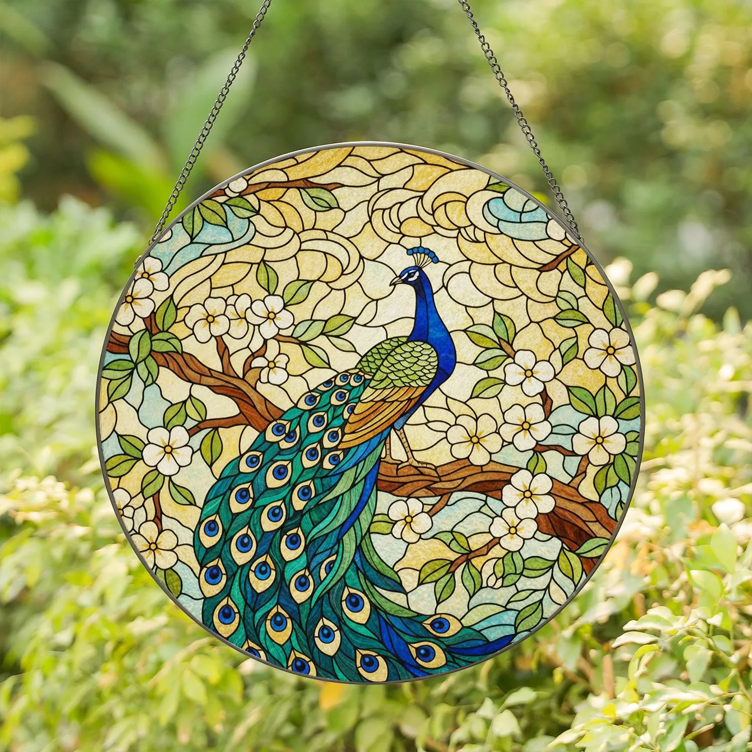 Majestic Peacock Stained Glass Fanned Tail Art - Glowing Tiffany Style Mosaic Sky Stained Glass Suncatcher - 1