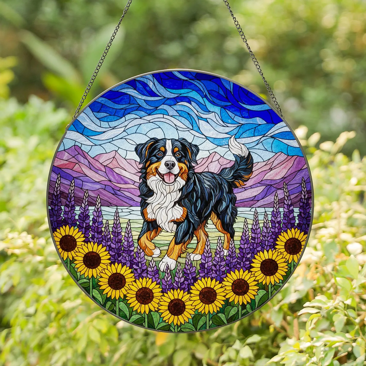 Bernese Mountain Dog Tiffany Glass Sunflowers Mountains Pet Lover Home Decor Gift Stained Glass Suncatcher - 1