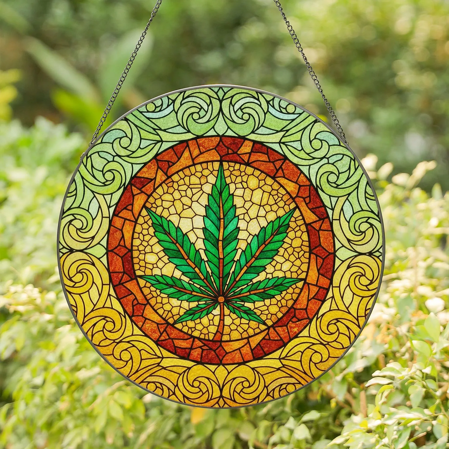 Intricately Veined Cannabis Leaf Stained Glass Full Frame Mosaic Art Jewel Tones Stained Glass Suncatcher - 1