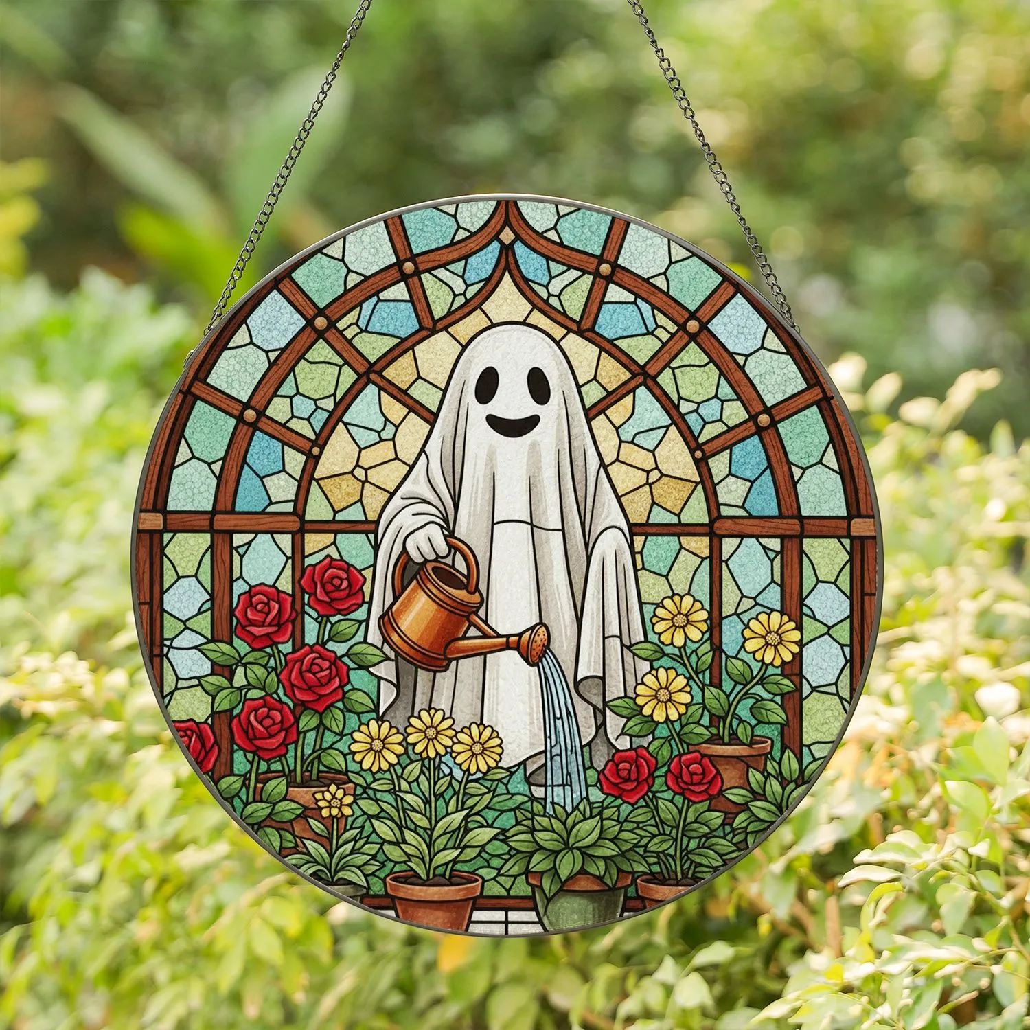 Stained Glass Ghost Watering Potted Plants Greenhouse Arch Window Art Decor Stained Glass Suncatcher - 1