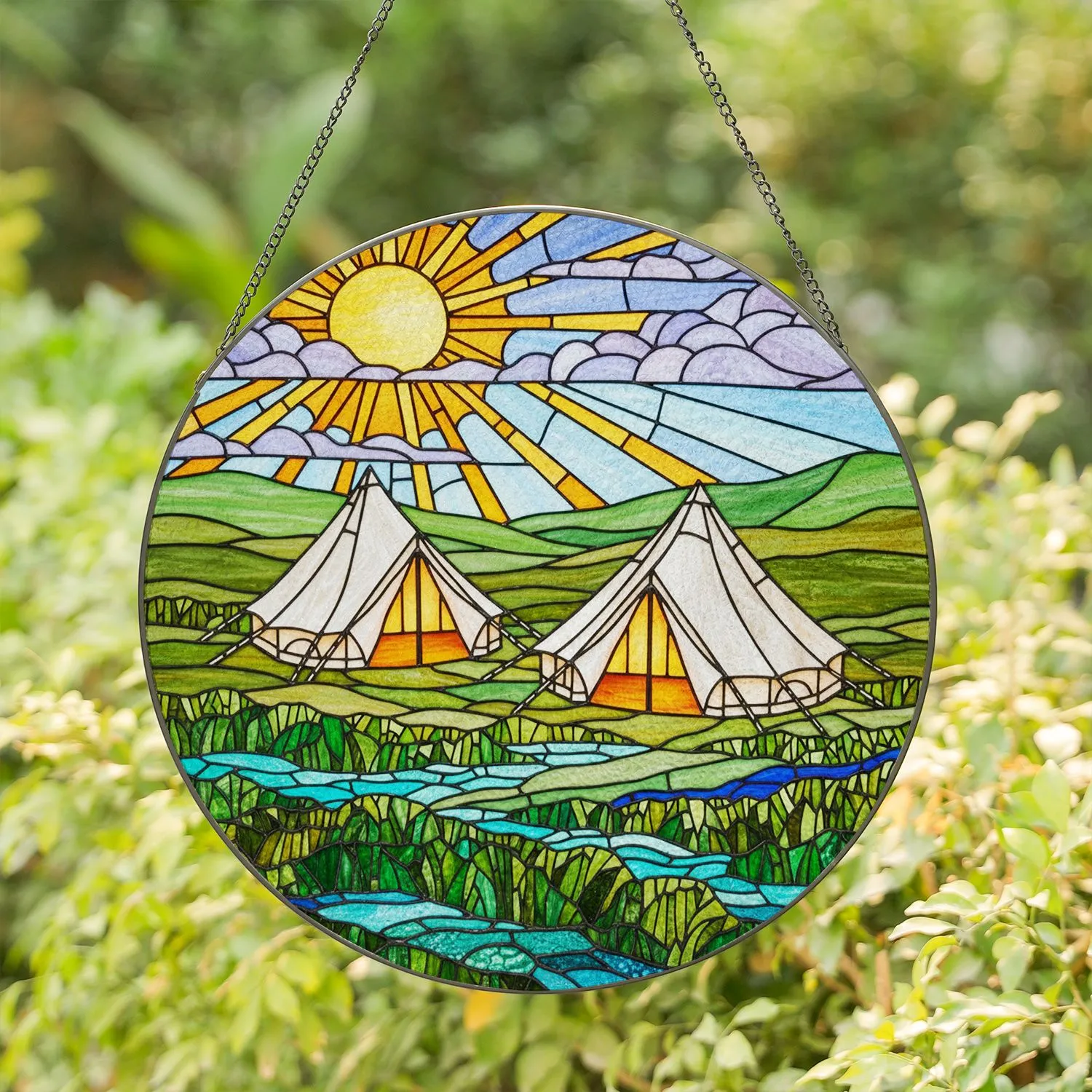 Bell Tents Stained Glass Tiffany Art - Glowing Camp Landscape Turquoise Water & Sun Sky Stained Glass Suncatcher - 1