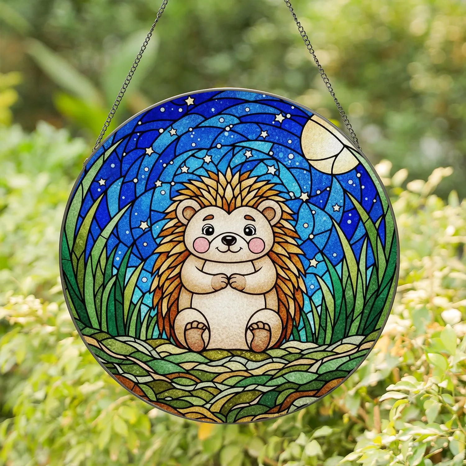 Hedgehog Stained Glass Starry Night Full Moon Mosaic Grassy Field Tiffany Style Intricate Detail Stained Glass Suncatcher - 1