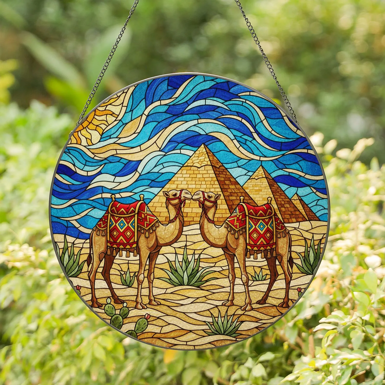 Two Majestic Camels Nuzzling Egyptian Pyramids Desert Stained Glass Tiffany Art Sun Stained Glass Suncatcher - 1