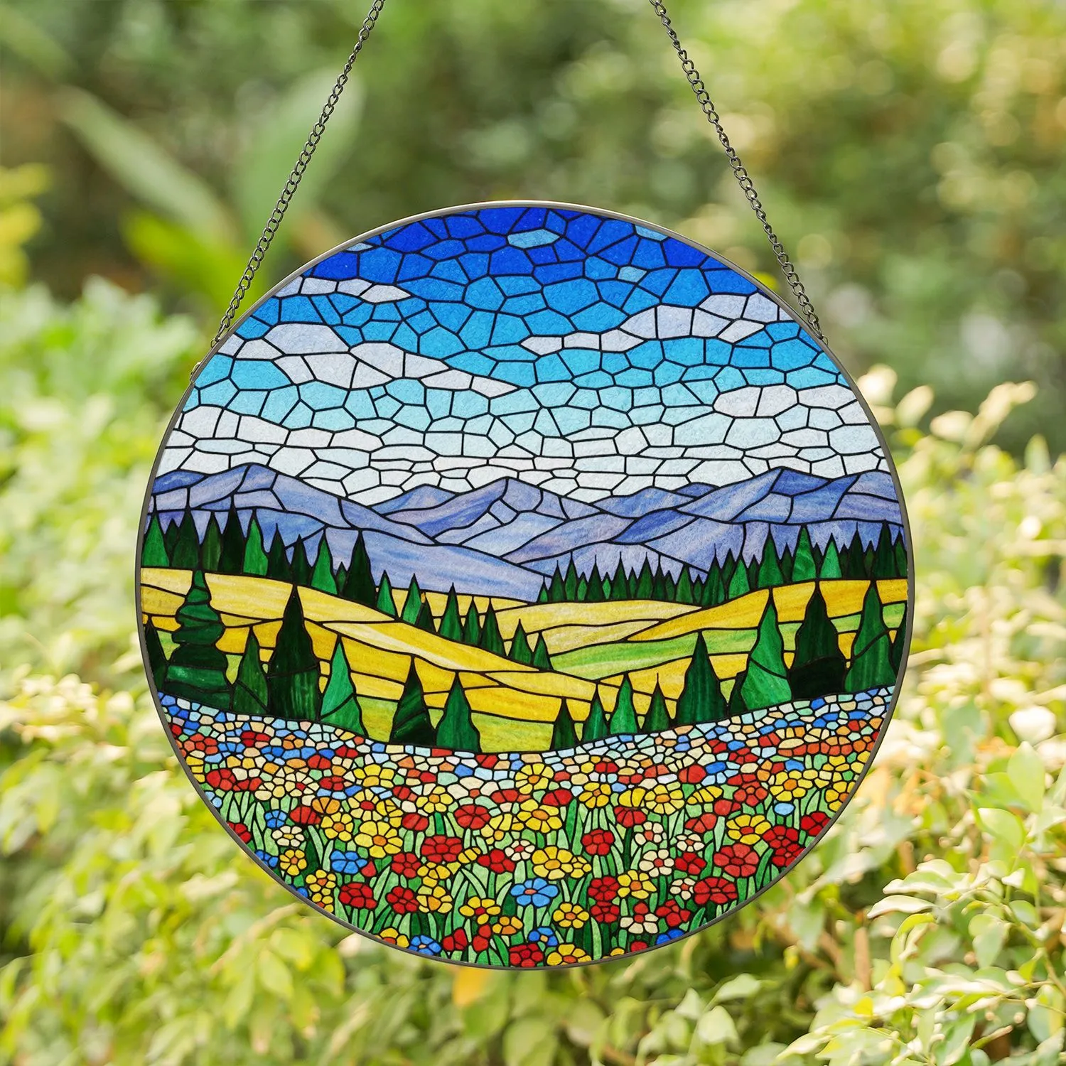 Tiffany Style Stained Glass Wildflower Meadow Landscape Blue Sky Clouds Rolling Hills Stained Glass Suncatcher - 1