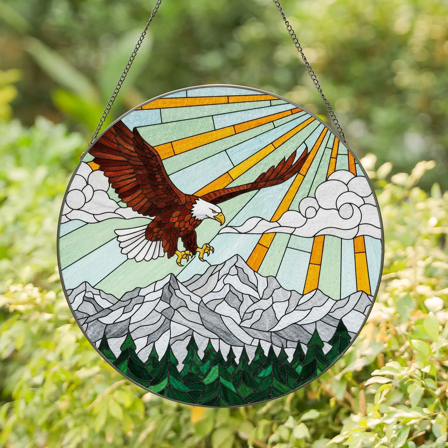 Bald Eagle Stained Glass Art - Snow-capped Mountain Forest Nature Sunlight Decor Stained Glass Suncatcher - 1