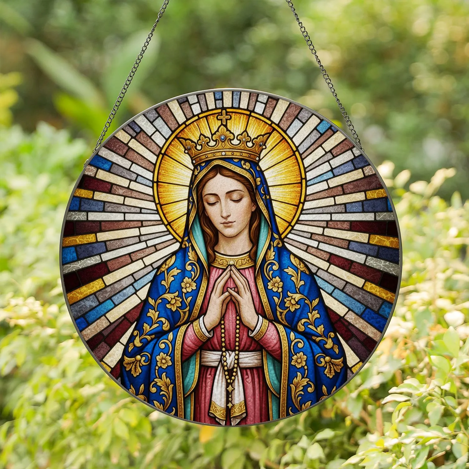 Virgin Mary Tiffany Stained Glass Rosary Mosaic Sunburst Light Rays Golden Crown Religious Art Stained Glass Suncatcher - 1