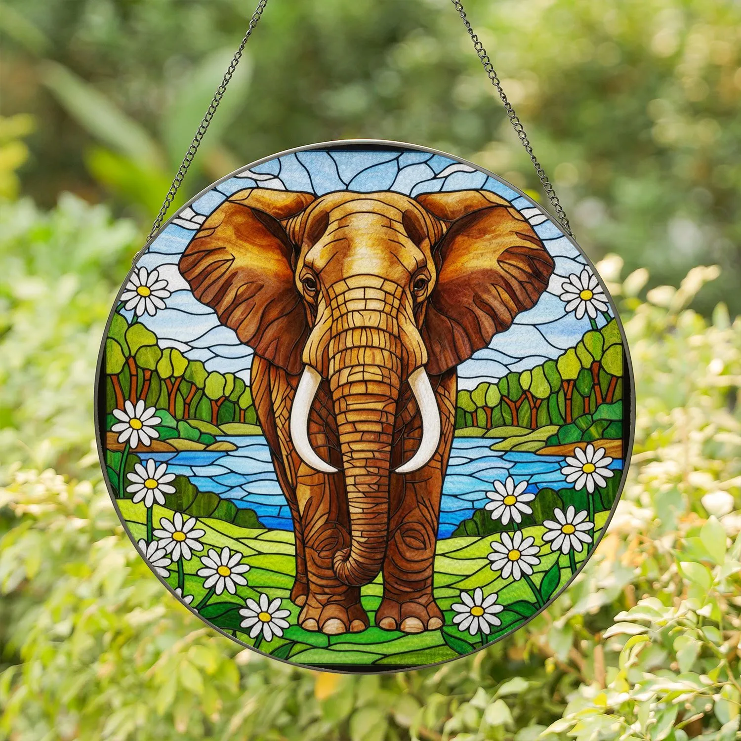 African Elephant Stained Glass, Daisy Flowers Landscape — Tiffany Style Wildlife Gift for Home Stained Glass Suncatcher - 1
