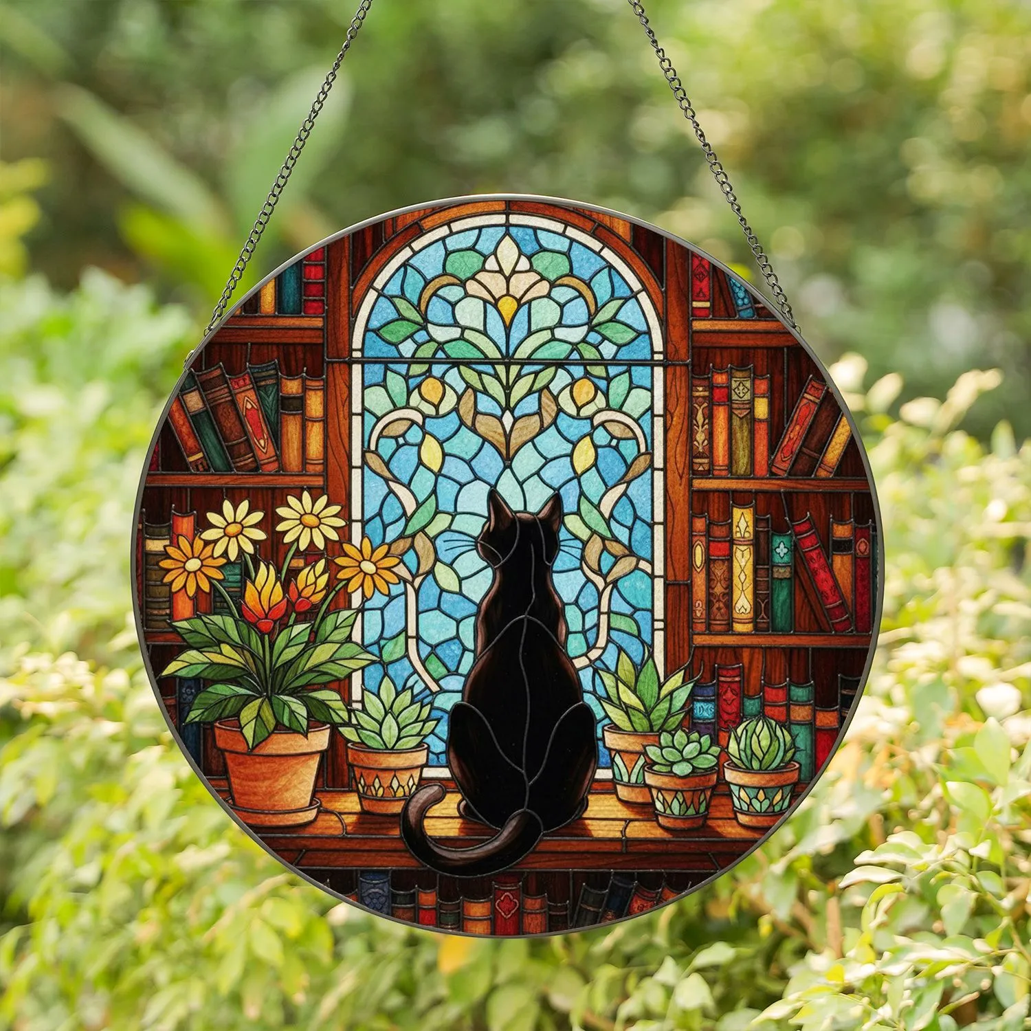 Black Cat Bookshelves Stained Glass Potted Plants Succulent Floral Window Panel Stained Glass Suncatcher - 1
