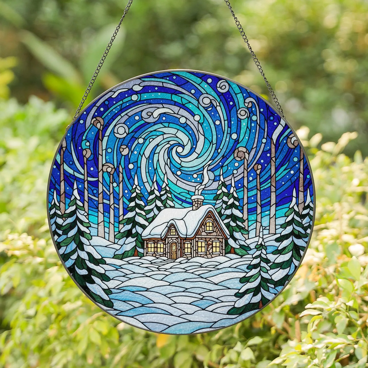 Tiffany-Style Snow-Covered Cottage Evergreen Winter Night - Glowing Jewel Tone Decor Stained Glass Suncatcher - 1