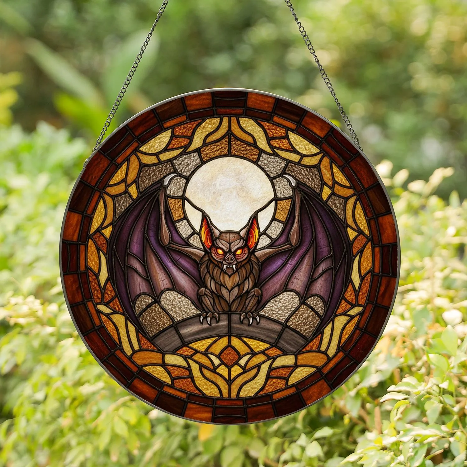 Stained Glass Bat Full Moon Purple Wings Tiffany Style Intricate Mosaic Artwork Stained Glass Suncatcher - 1