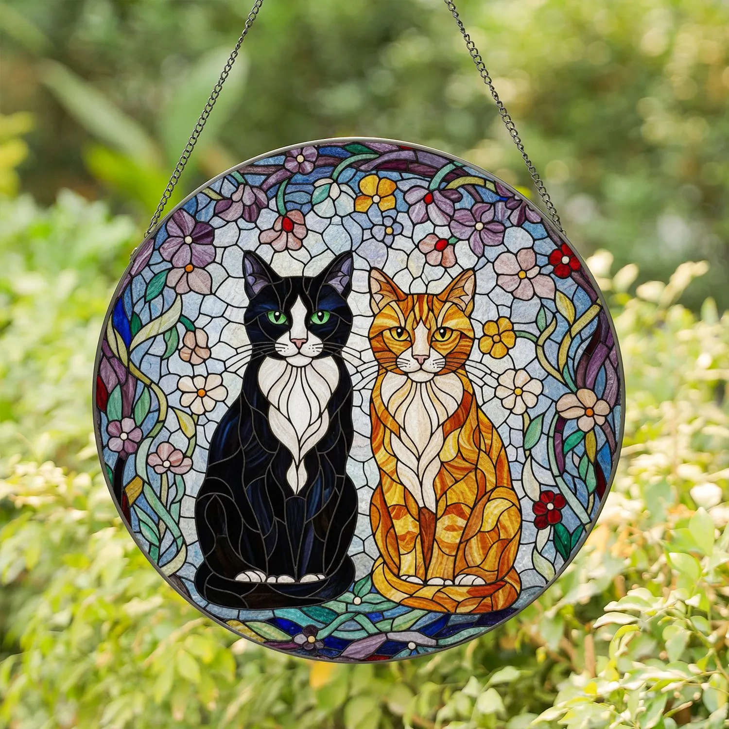 Black & White Tuxedo Cat Orange Tabby Stained Glass Mosaic Art - Tiffany Style Cat Lover Gift Stained Glass Suncatcher - 1