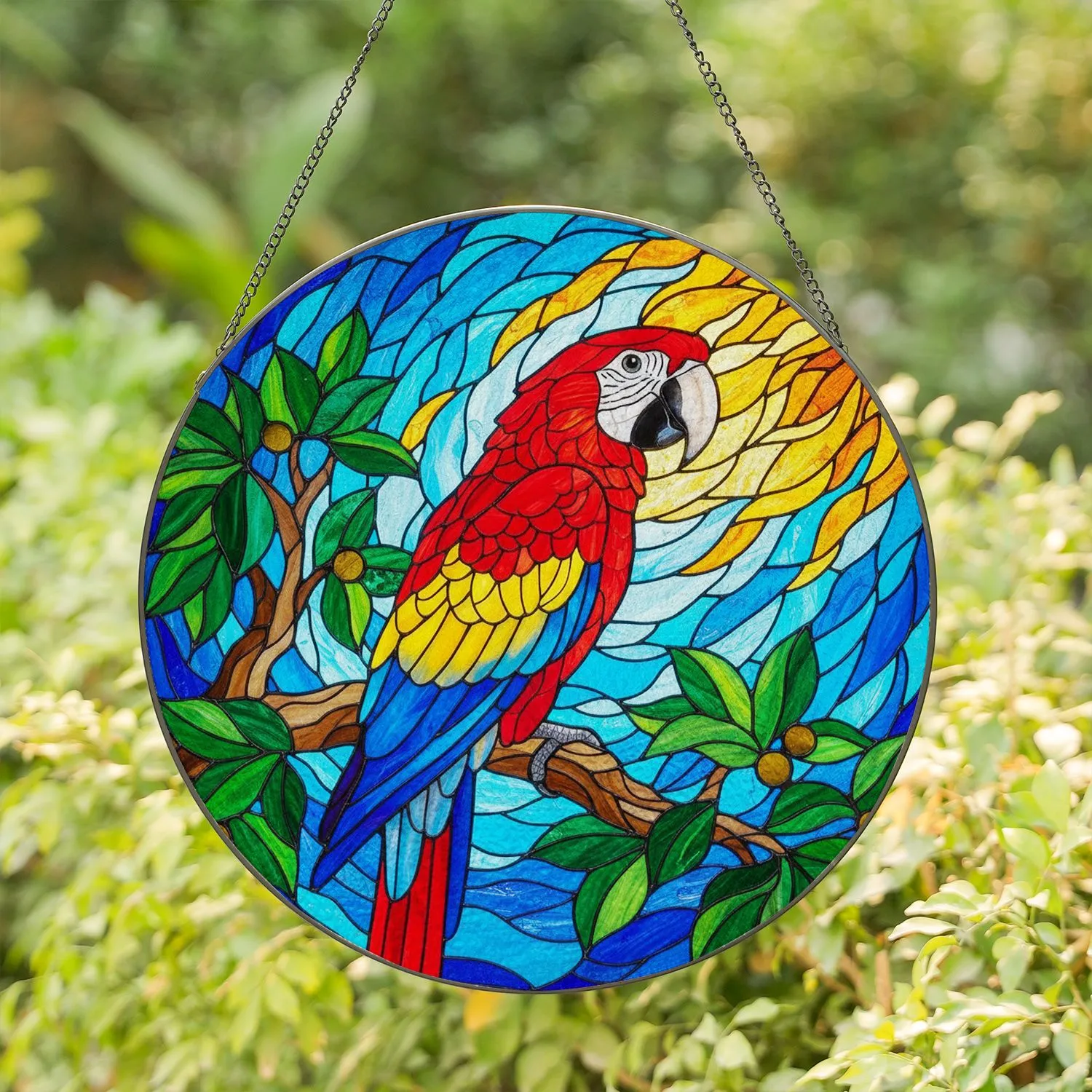 Scarlet Macaw Tiffany Style Stained Glass - Intricate Jewel Tone Parrot & Mosaic Sky Stained Glass Suncatcher - 1