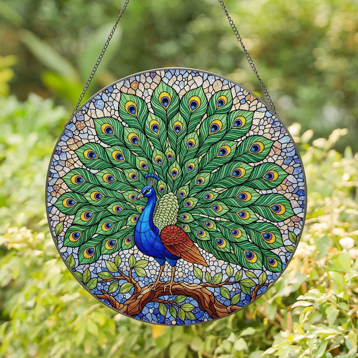 Tiffany Stained Glass Peacock - Majestic Fanned Tail Jewel Tone Art with Green Foliage Stained Glass Suncatcher - 1