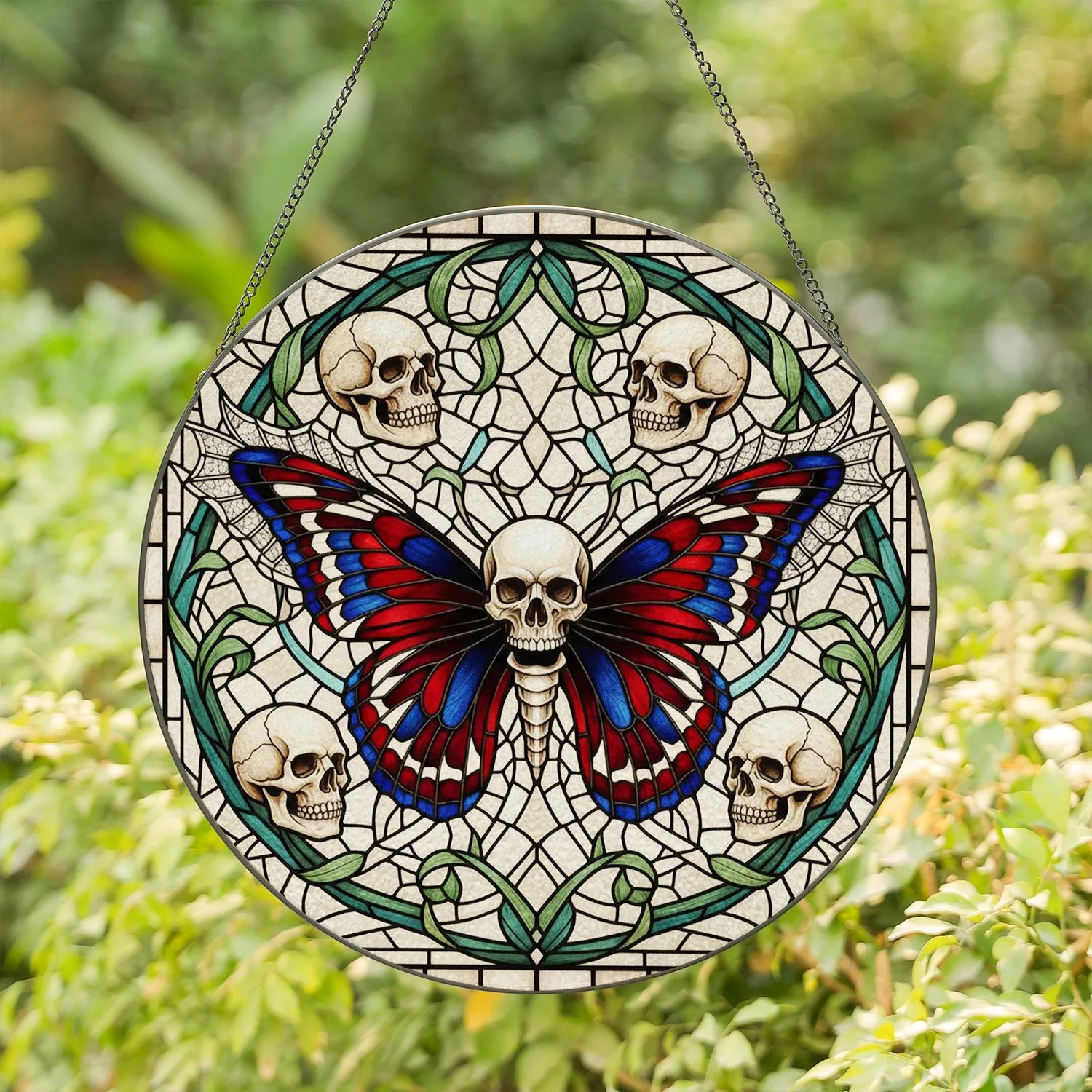Macabre Butterfly Human Skull Stained Glass Tiffany Art with Skulls & Leafy Vines Stained Glass Suncatcher - 1