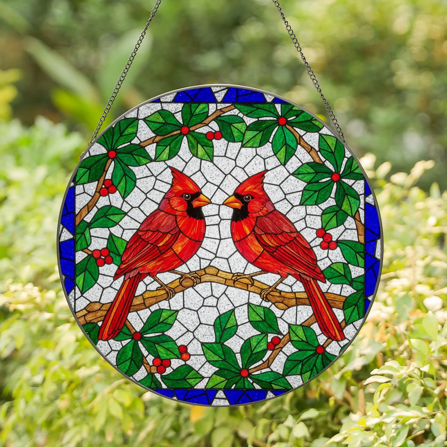 Two Northern Cardinals Stained Glass Mosaic Art - Colorful Tiffany Jewel Tone Decor Stained Glass Suncatcher - 1
