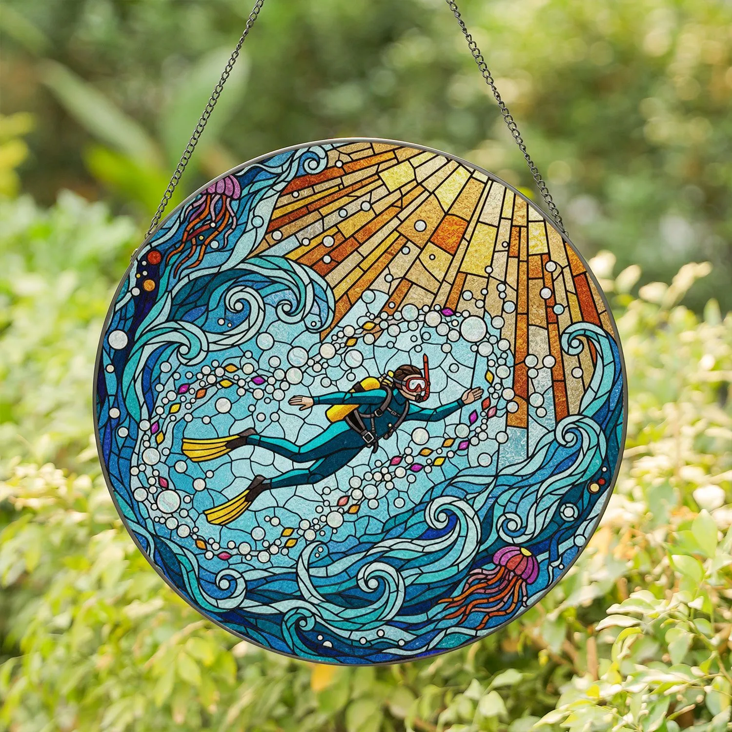 Stained Glass Scuba Diver Ocean Fairy Lights - Underwater Adventure Marine Art Stained Glass Suncatcher - 1