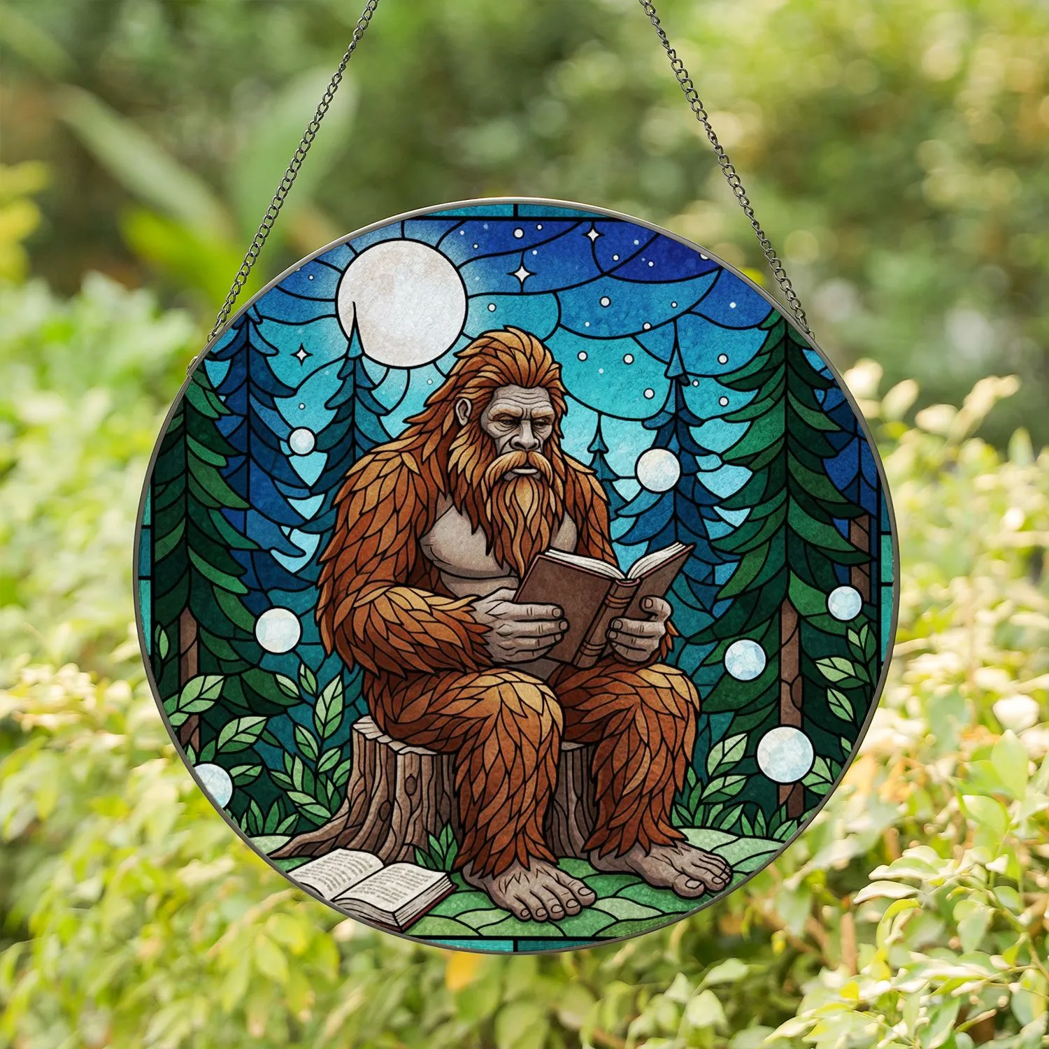 Bigfoot Reading Book Stained Glass Art - Nocturnal Forest Moon Tiffany Style Design Stained Glass Suncatcher - 1