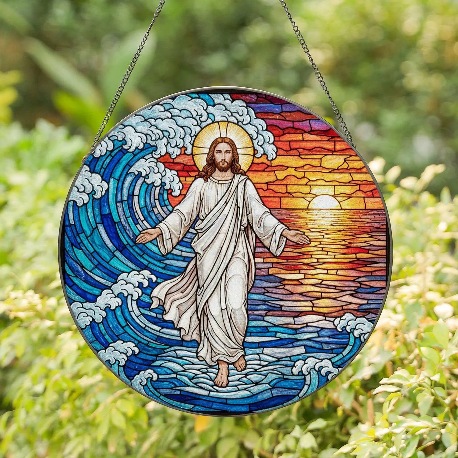 Jesus Christ Walking on Water Stained Glass Mosaic - Translucent Sunset Ocean Art Stained Glass Suncatcher - 1