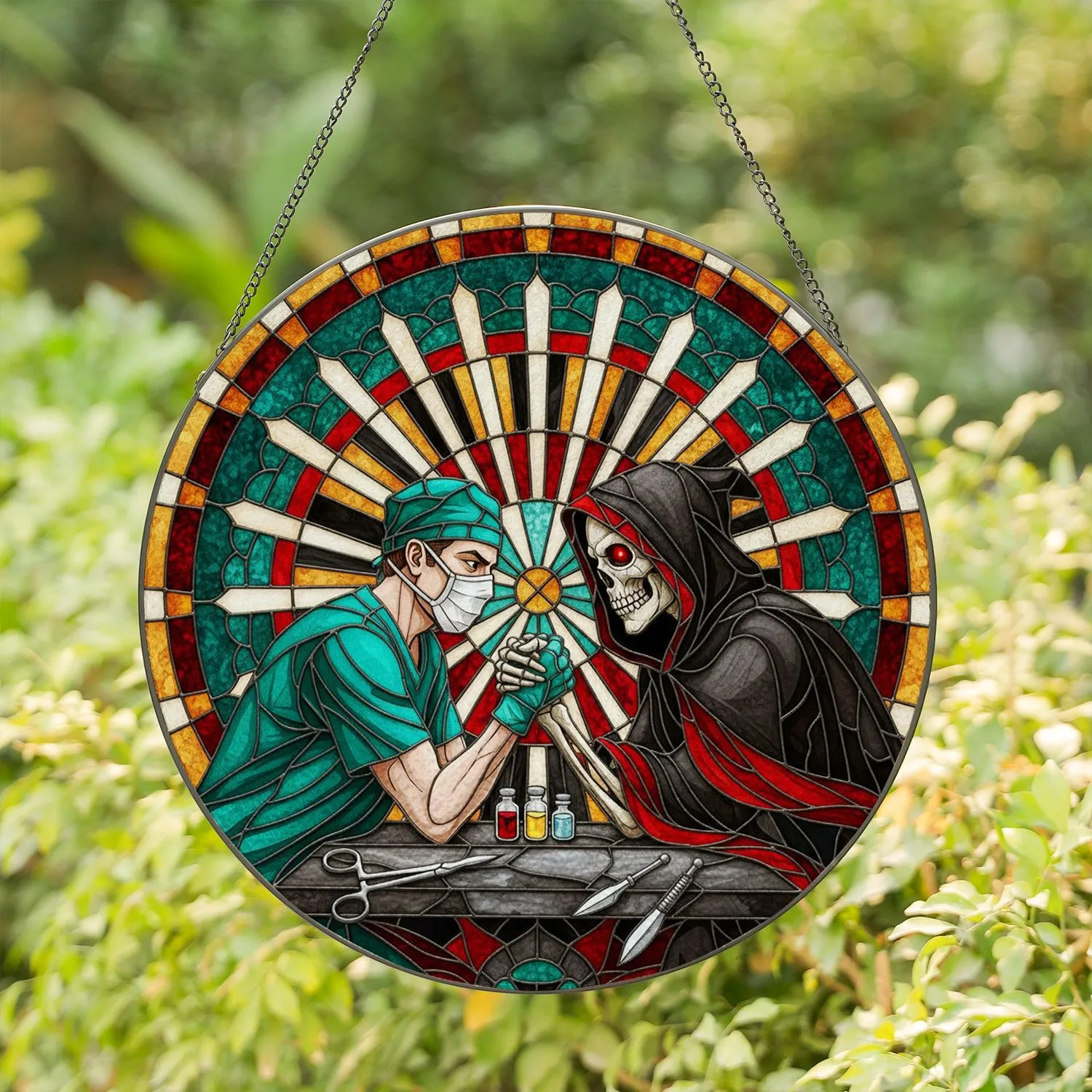 Masked Doctor Grim Reaper Arm Wrestle Stained Glass - Tiffany Style Sunburst Artwork Stained Glass Suncatcher - 1