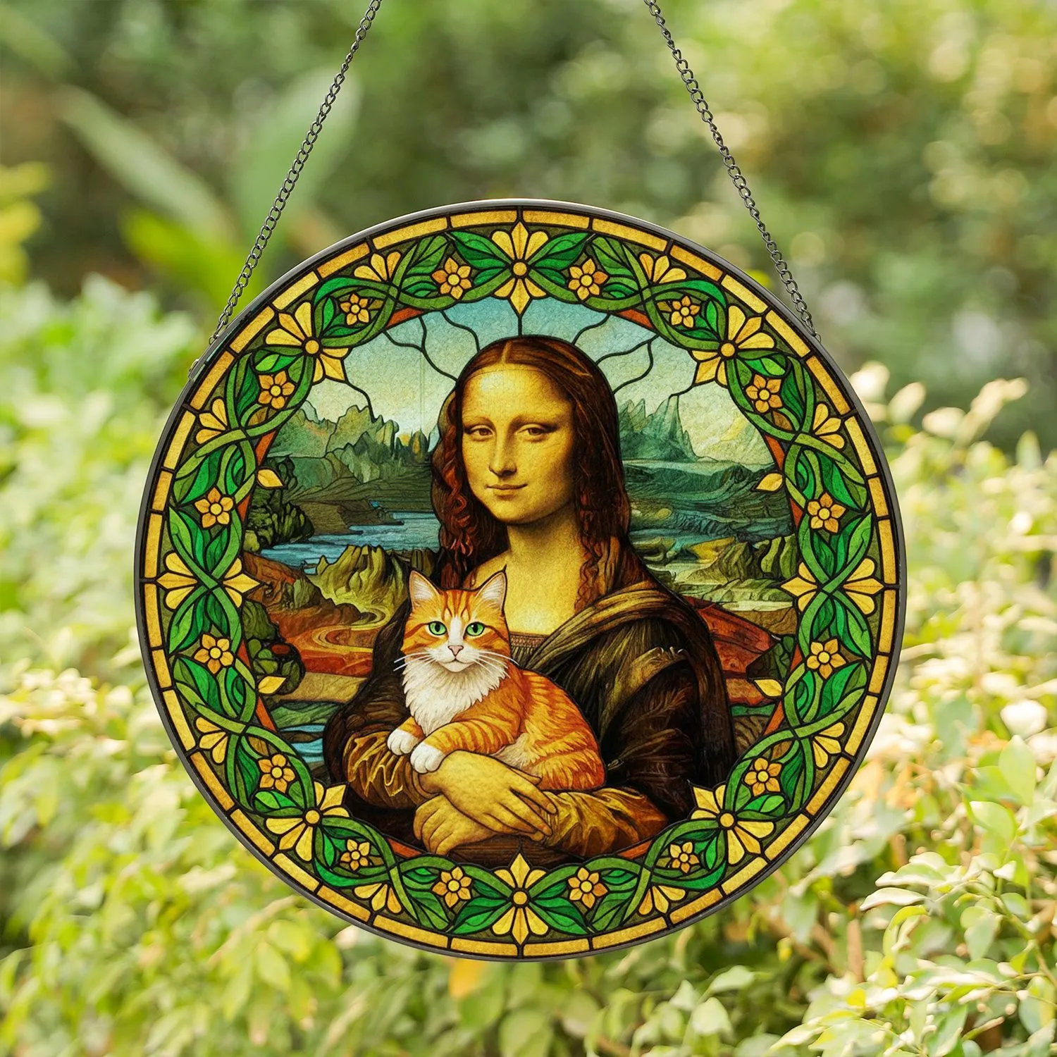 Mona Lisa Cat Tiffany Stained Glass - Intricate Da Vinci Mosaic Landscape Jewel Tones Stained Glass Suncatcher - 1