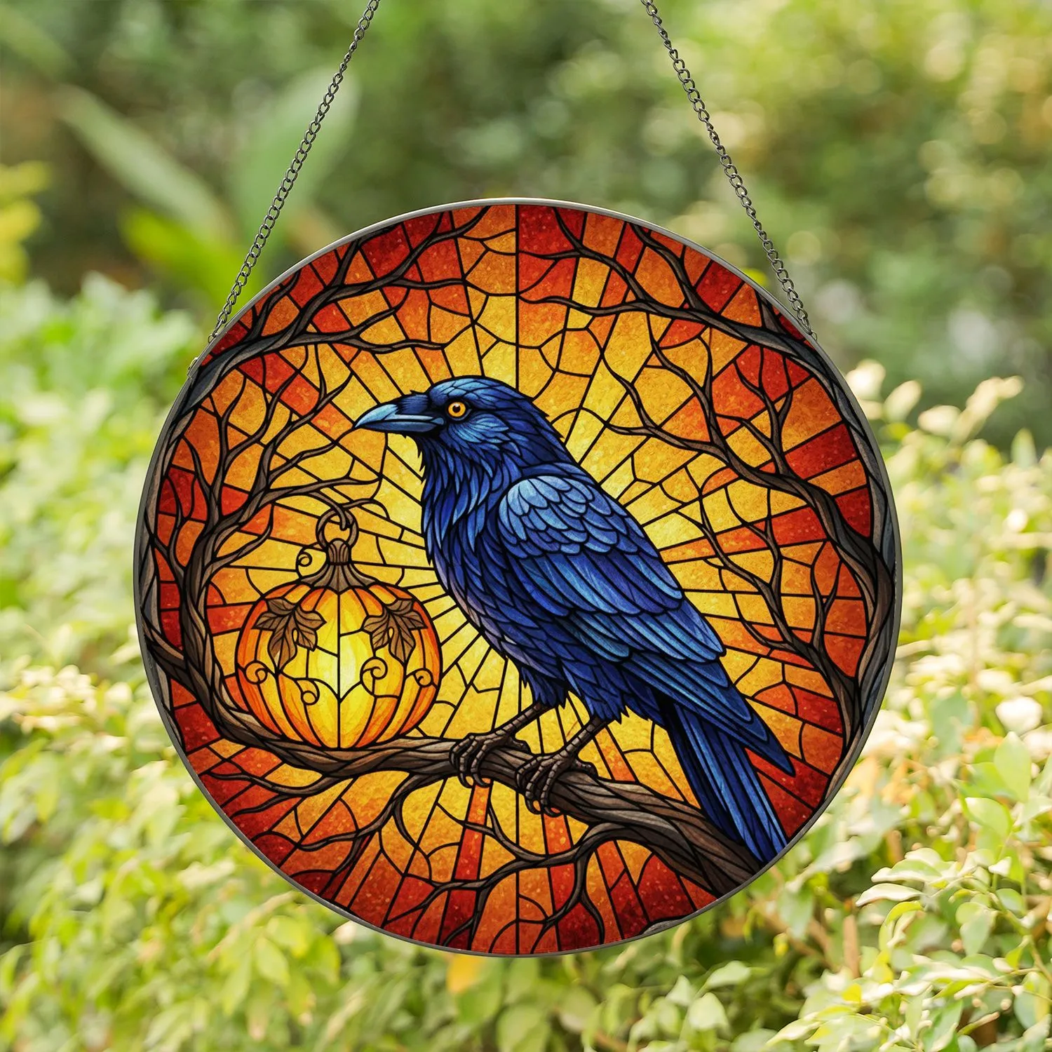 Blue Crow Stained Glass Art, Pumpkin Lantern & Gnarled Branches Autumnal Sunset Mosaic Stained Glass Suncatcher - 1