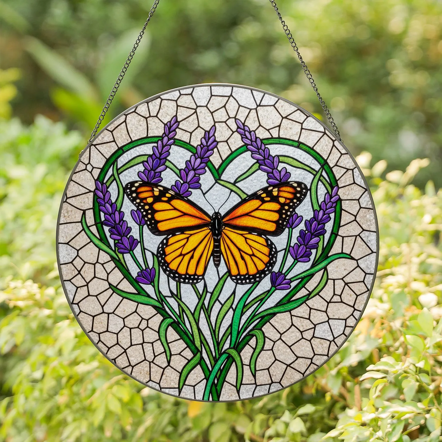 Monarch Butterfly Heart Stained Glass Lavender Floral Tiffany Style Home Decor Stained Glass Suncatcher - 1