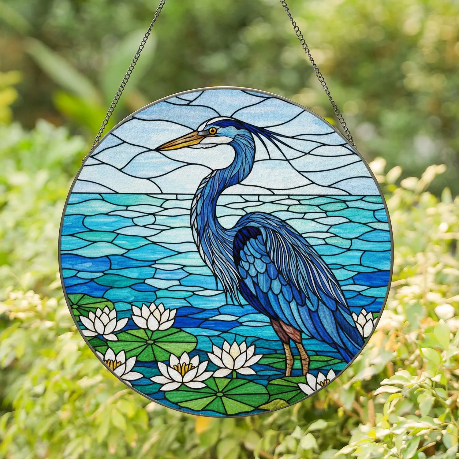 Majestic Blue Heron Water Lilies Stained Glass Pond Scene - Tiffany Style Art Decor Stained Glass Suncatcher - 1