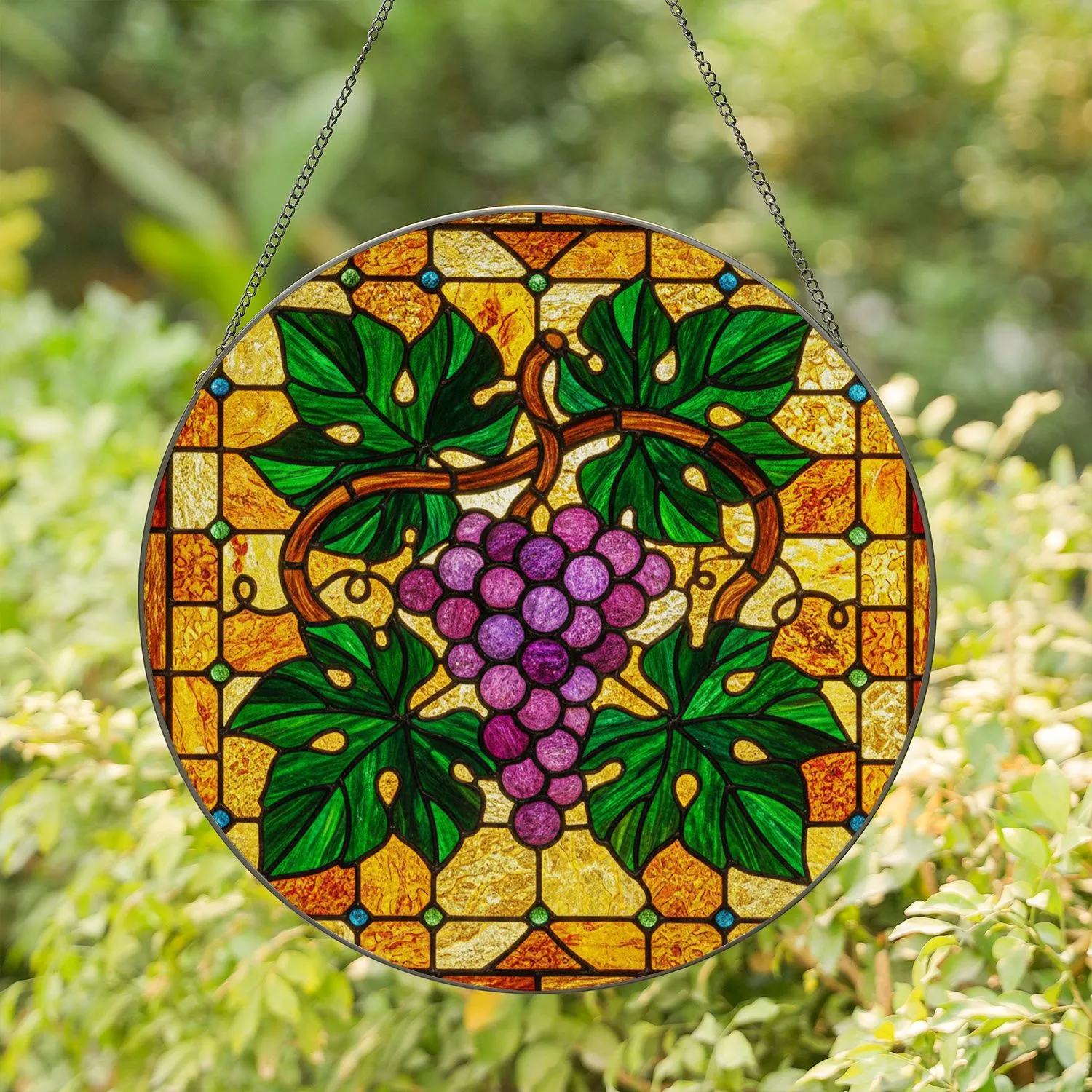 Stained Glass Purple Grapes Green Leaves Vine Tiffany Style Window Art Home Decor Gift Stained Glass Suncatcher - 1