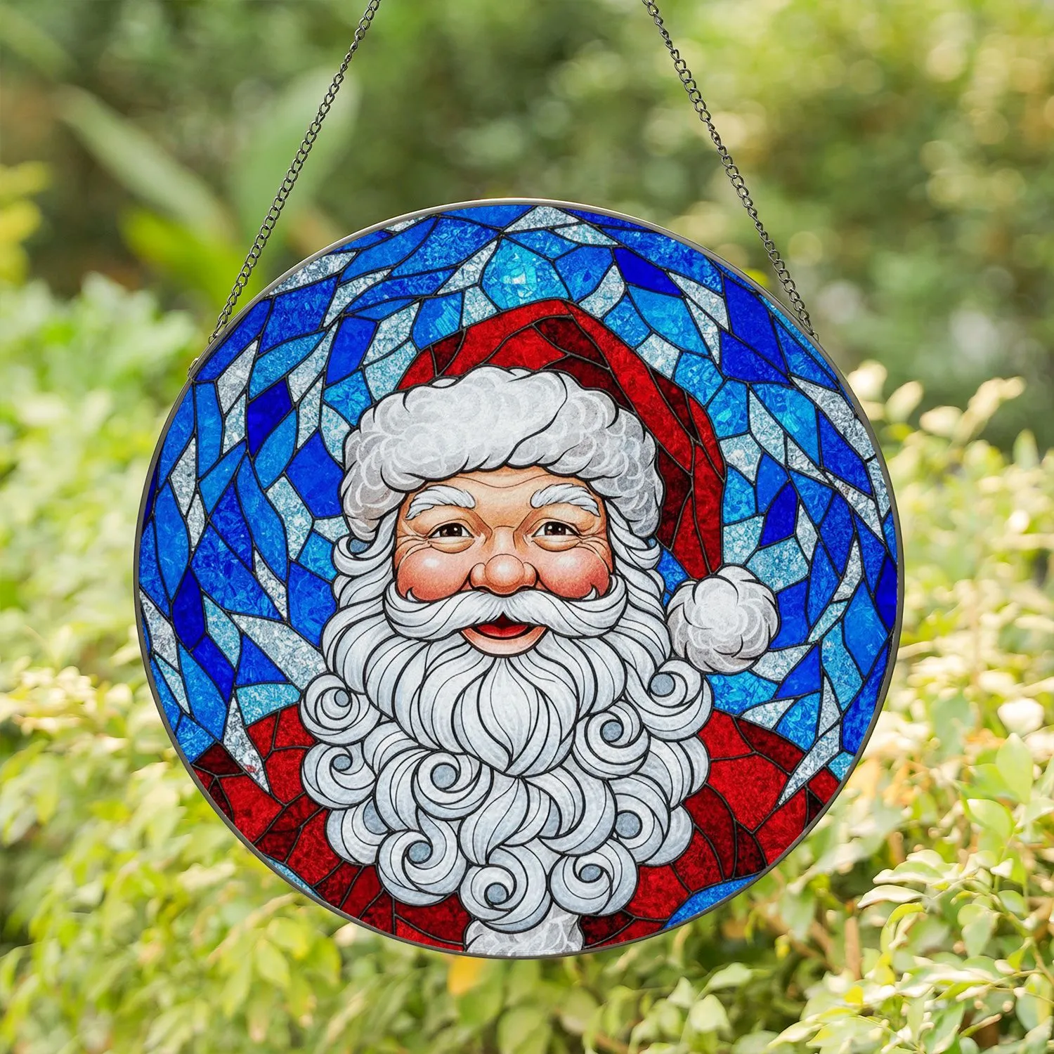 Jovial Santa Claus Stained Glass Art - Tiffany Style Wintry Blue Christmas Decor Gift Stained Glass Suncatcher - 1