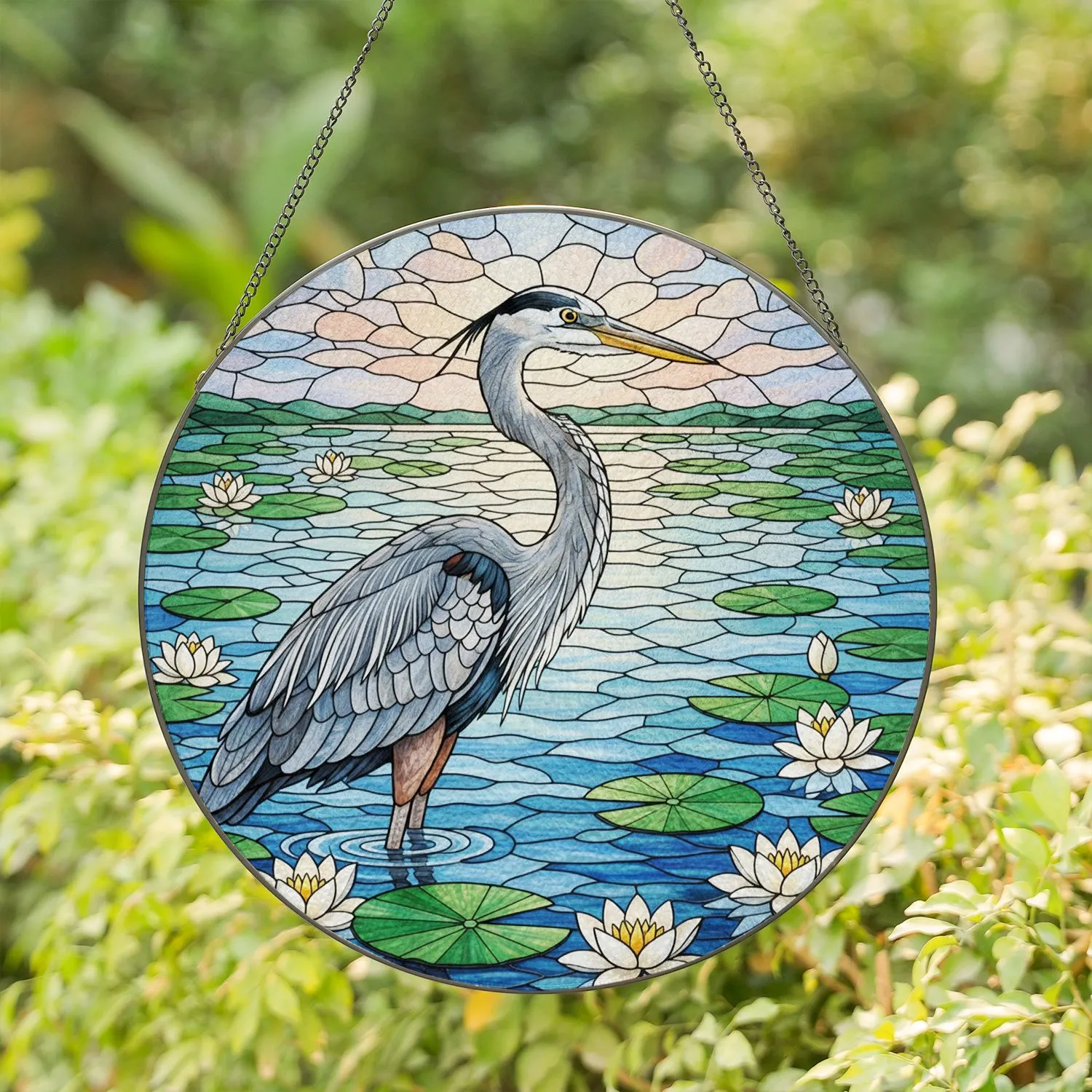 Great Blue Heron Tiffany Style Stained Glass Pond Art with Water Lilies - Wildlife Decor Stained Glass Suncatcher - 1