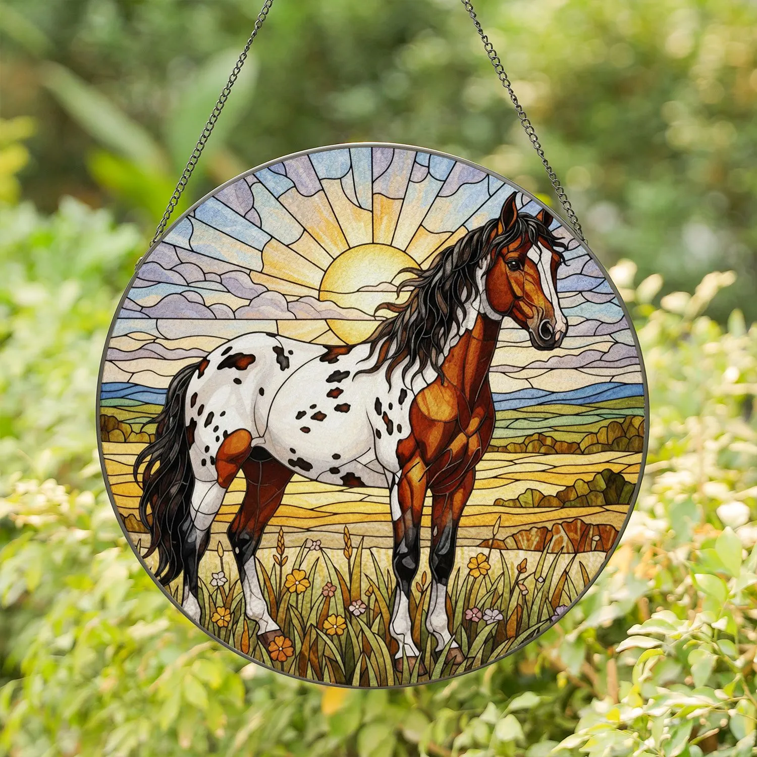 Detailed Appaloosa Horse Stained Glass Art - Tiffany Glass Prairie Sunset Horse Lover Gift Stained Glass Suncatcher - 1