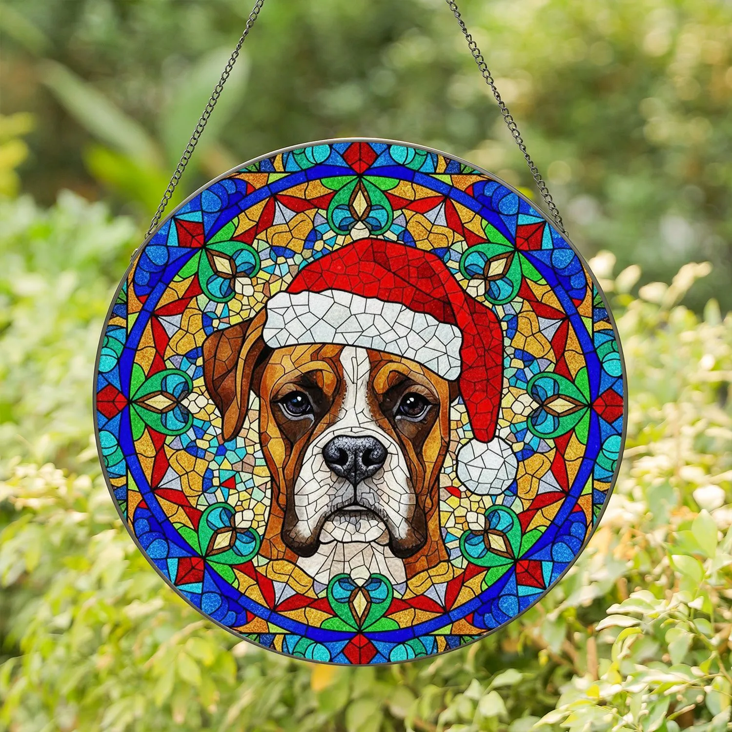 Intricate Boxer Dog Santa Hat Stained Glass Mosaic - Christmas Holiday Pet Lover Gift Stained Glass Suncatcher - 1