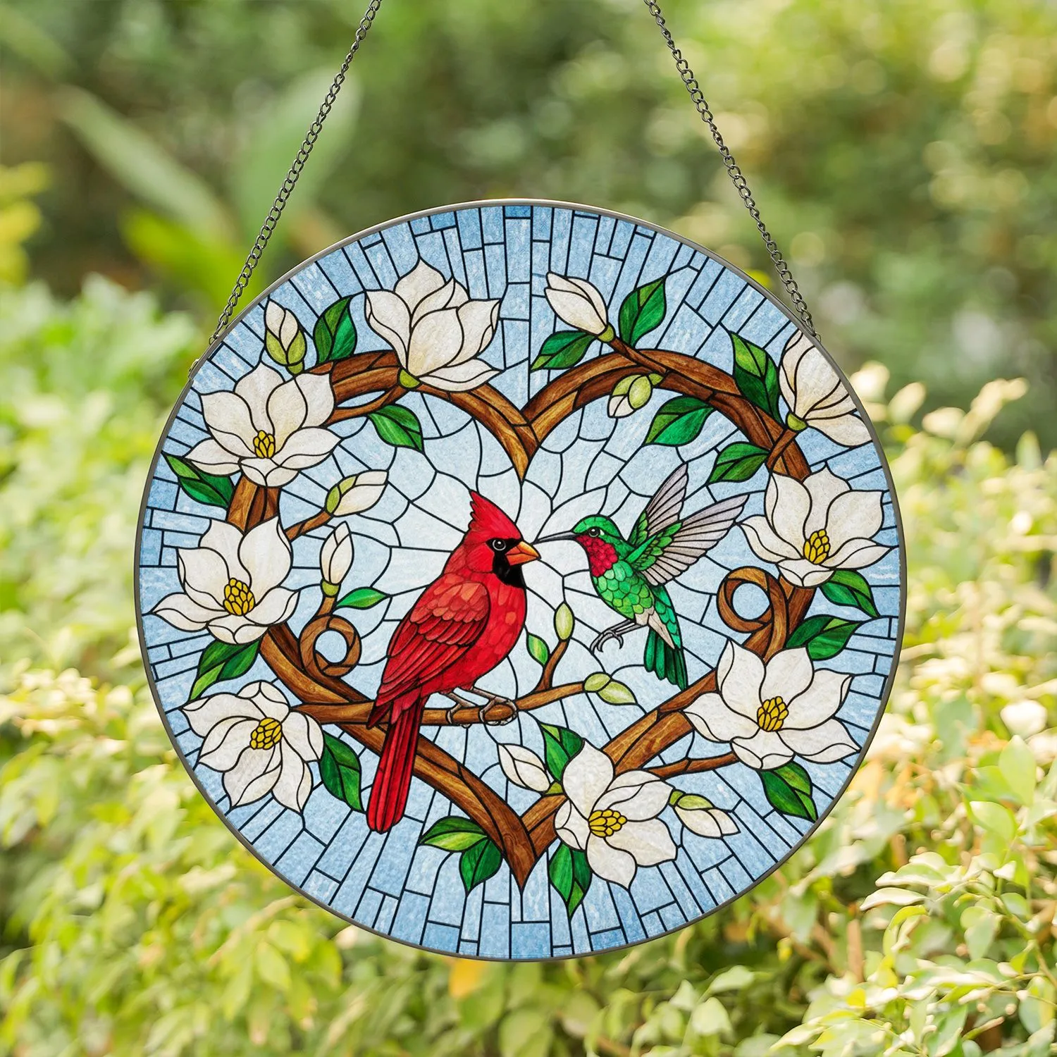 Red Cardinal Hummingbird in Heart Frame, Magnolia Blossoms Tiffany Stained Glass Mosaic Stained Glass Suncatcher - 1