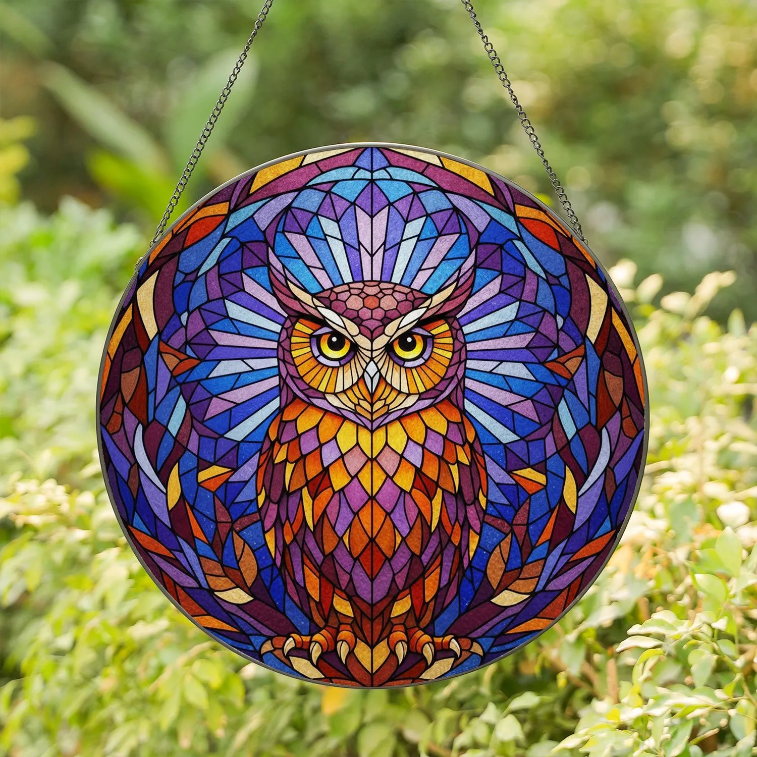 Majestic Owl Stained Glass Art - Tiffany Style Jewel Tone Geometric Mosaic Home Decor Stained Glass Suncatcher - 1