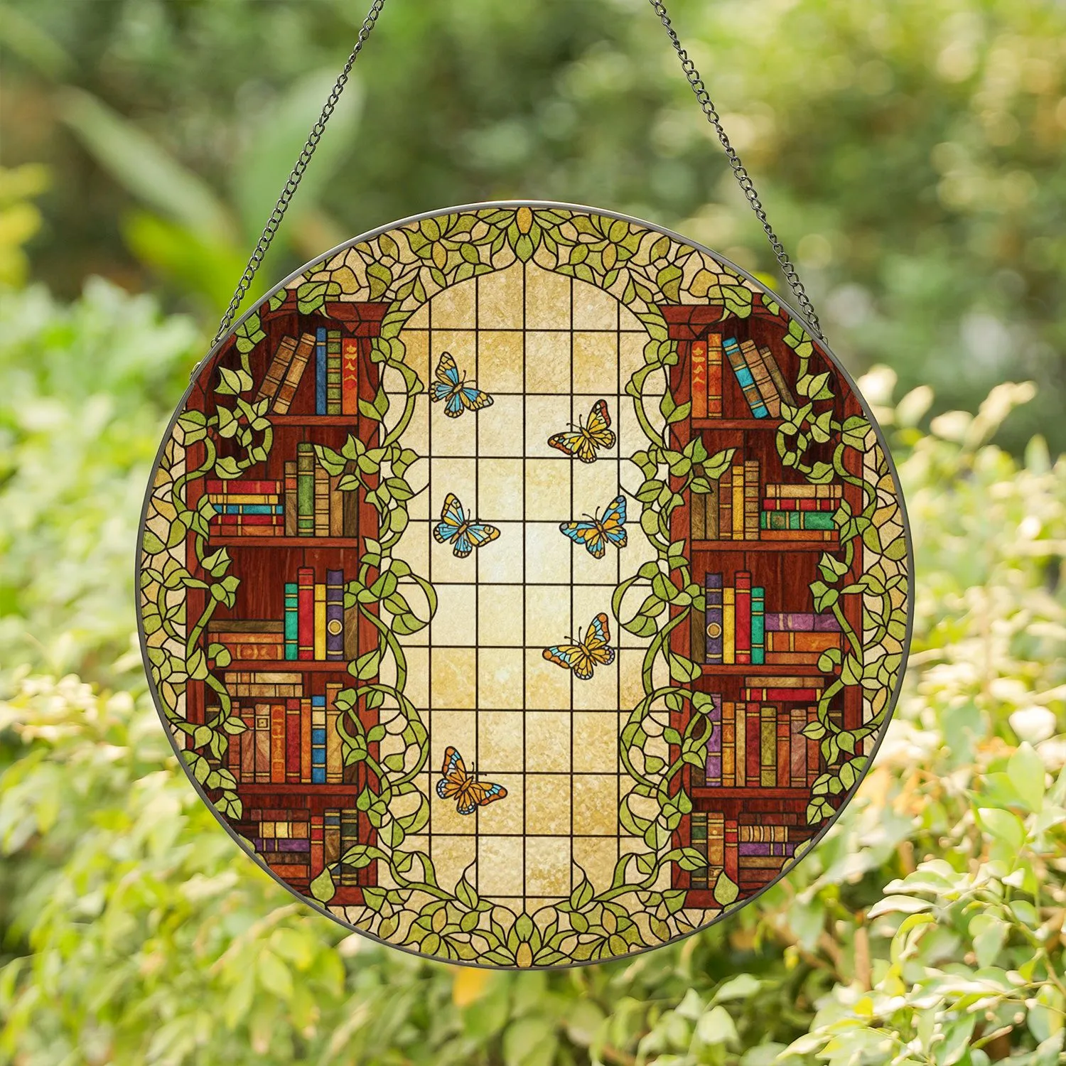 Tiffany Style Stained Glass Butterfly Arched Window Bookshelf Ivy Vines & Leaf Mosaic Stained Glass Suncatcher - 1