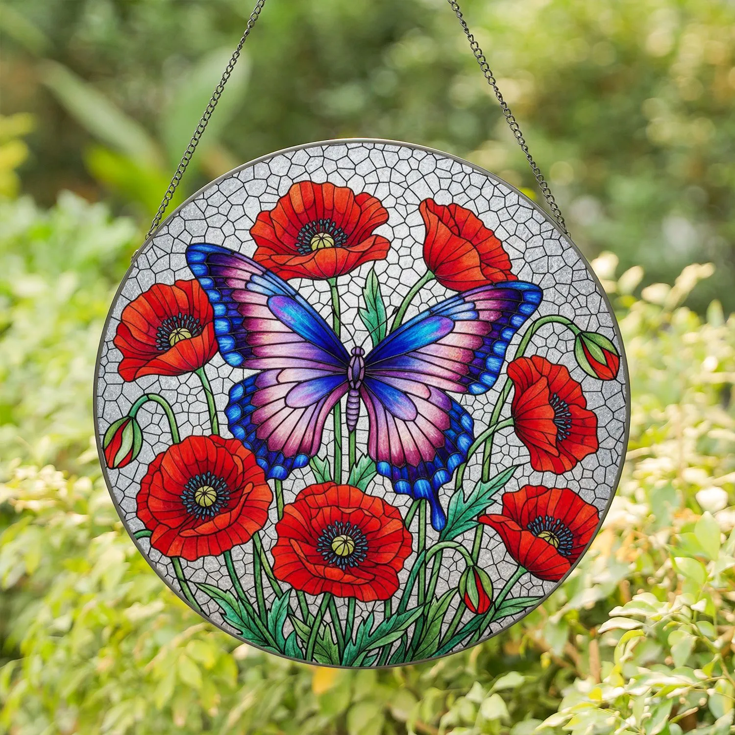 Colorful Iridescent Butterfly Red Poppies Glowing Tiffany Stained Glass Window Art Stained Glass Suncatcher - 1