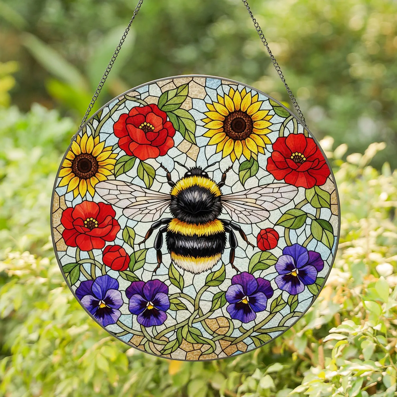 Plump Bumblebee Stained Glass Tiffany Mosaic - Red Yellow Purple Flowers & Cracked Glass Art Stained Glass Suncatcher - 1