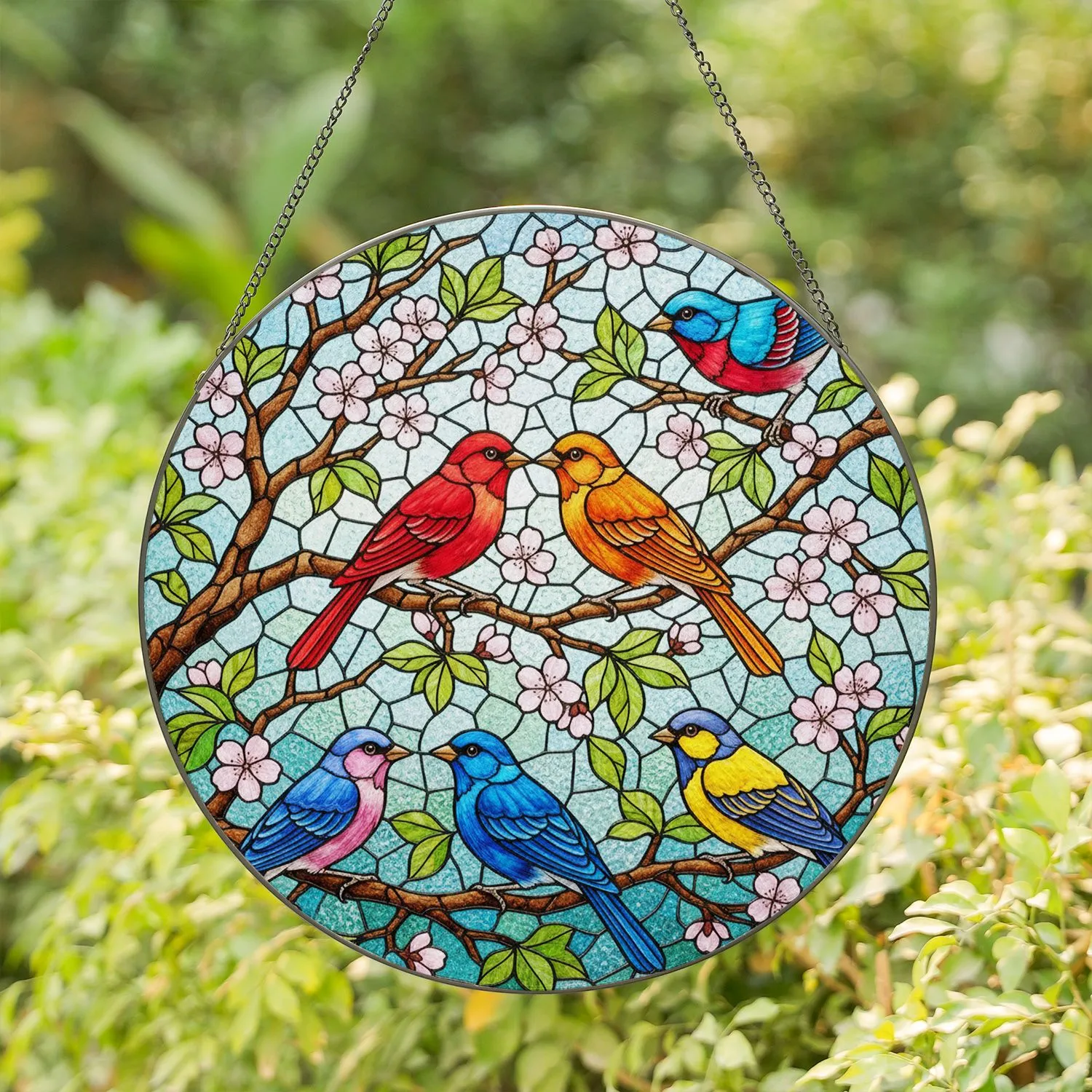 Red Orange Songbirds Kissing - Tiffany Style Stained Glass Birds Cherry Blossom Art Stained Glass Suncatcher - 1