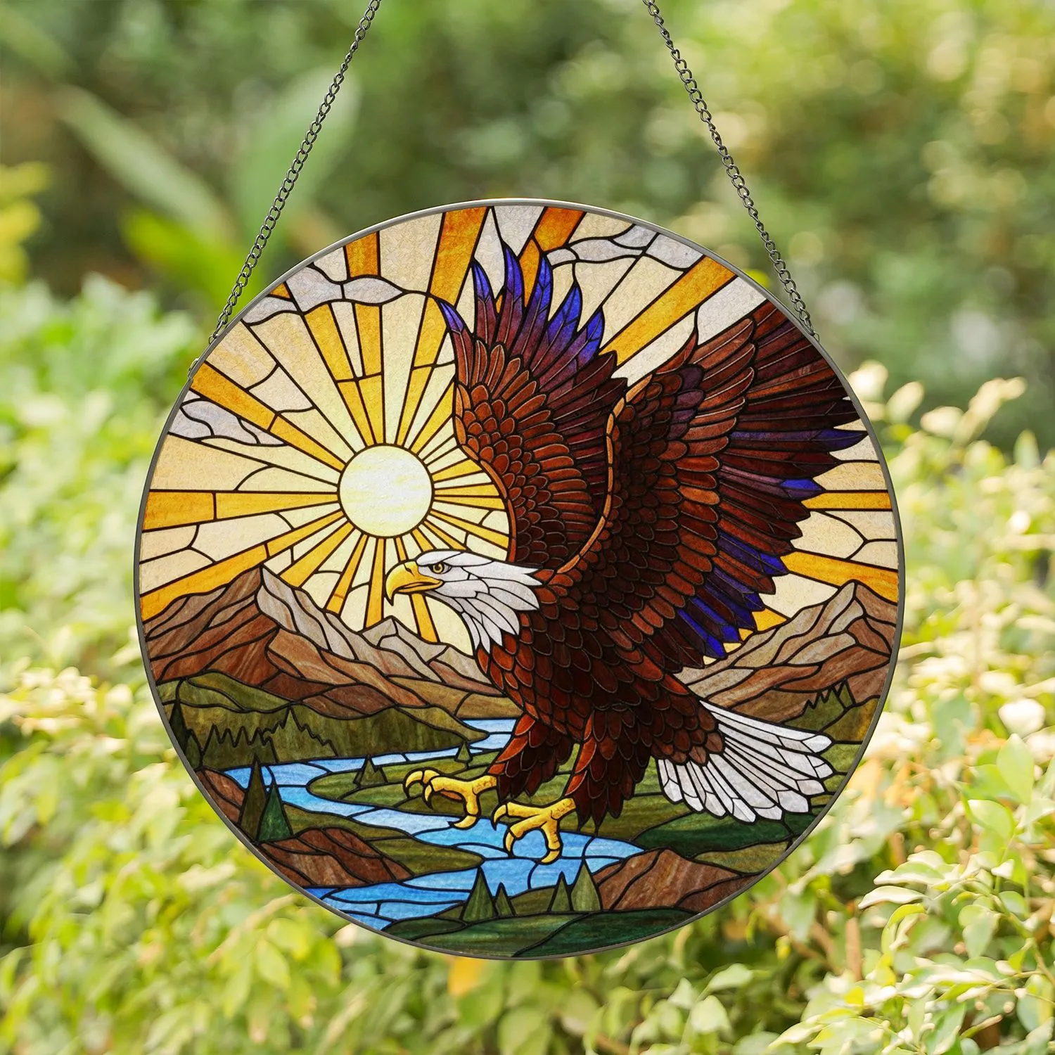 Bald Eagle Soaring Sun Mountains River Landscape Tiffany Style Stained Glass Stained Glass Suncatcher - 1
