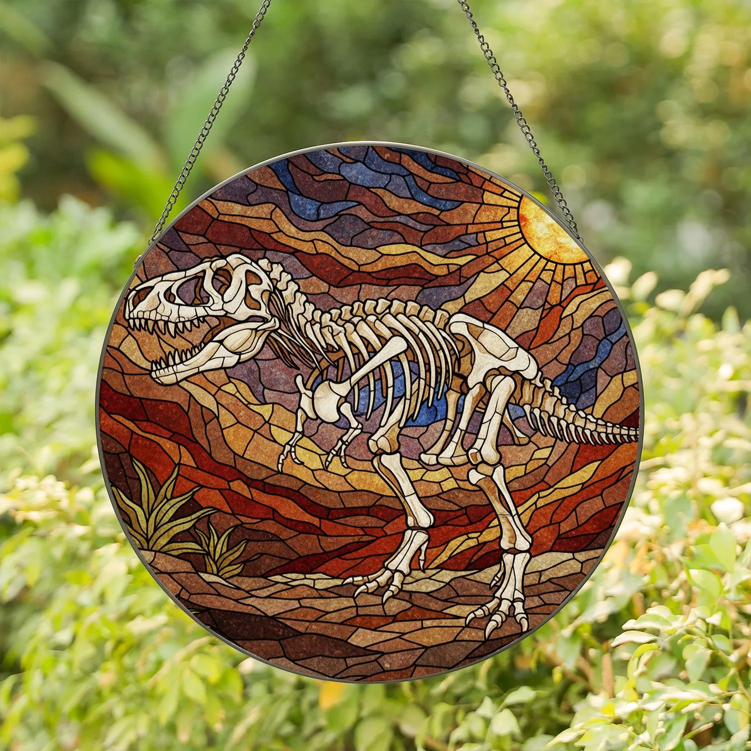 Tyrannosaurus Rex Skeleton Fossil Stained Glass Dinosaur Art Prehistoric Amber Sun Decor Stained Glass Suncatcher - 1