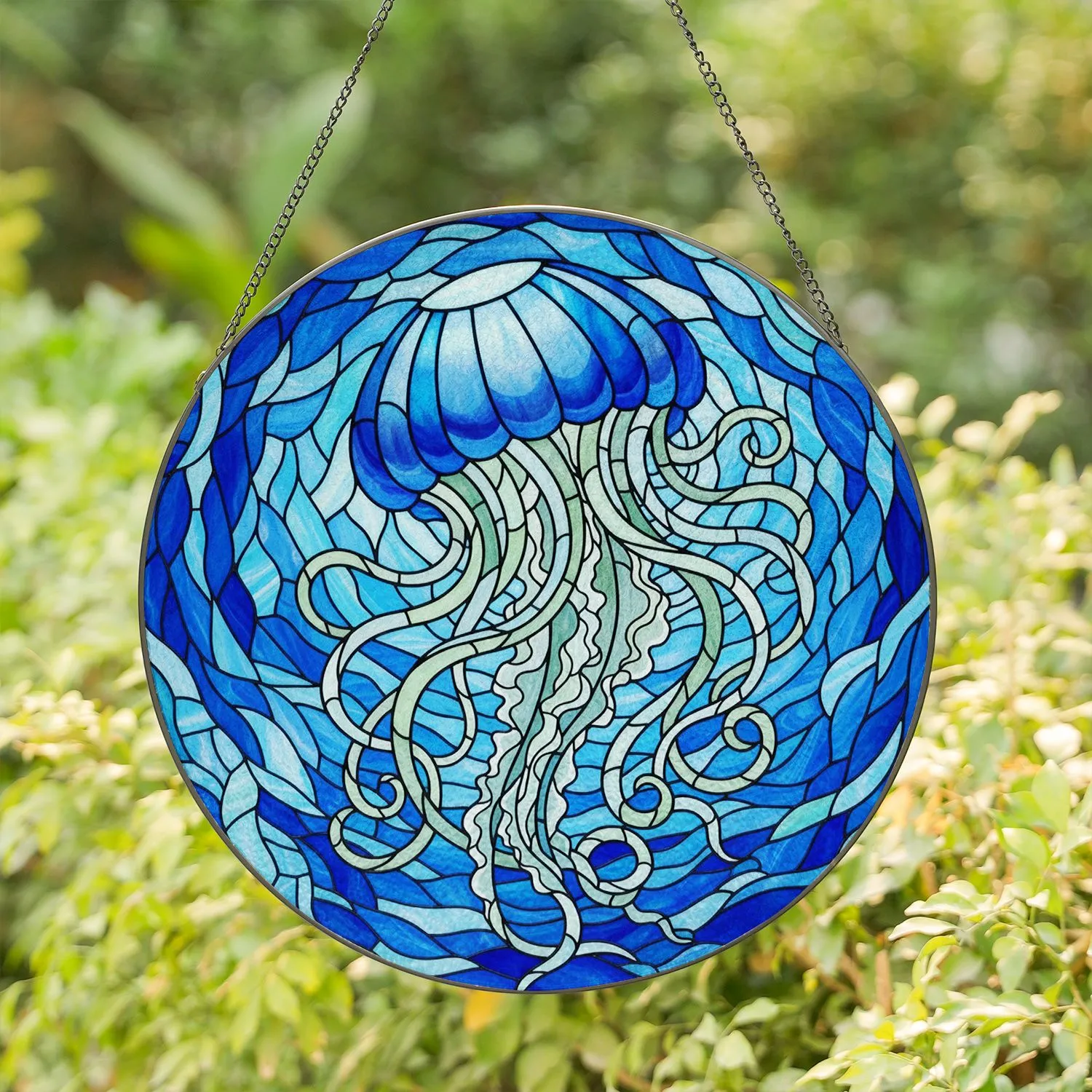 Detailed Tiffany Style Stained Glass Jellyfish Ocean Mosaic Jewel Tones Water Art Stained Glass Suncatcher - 1