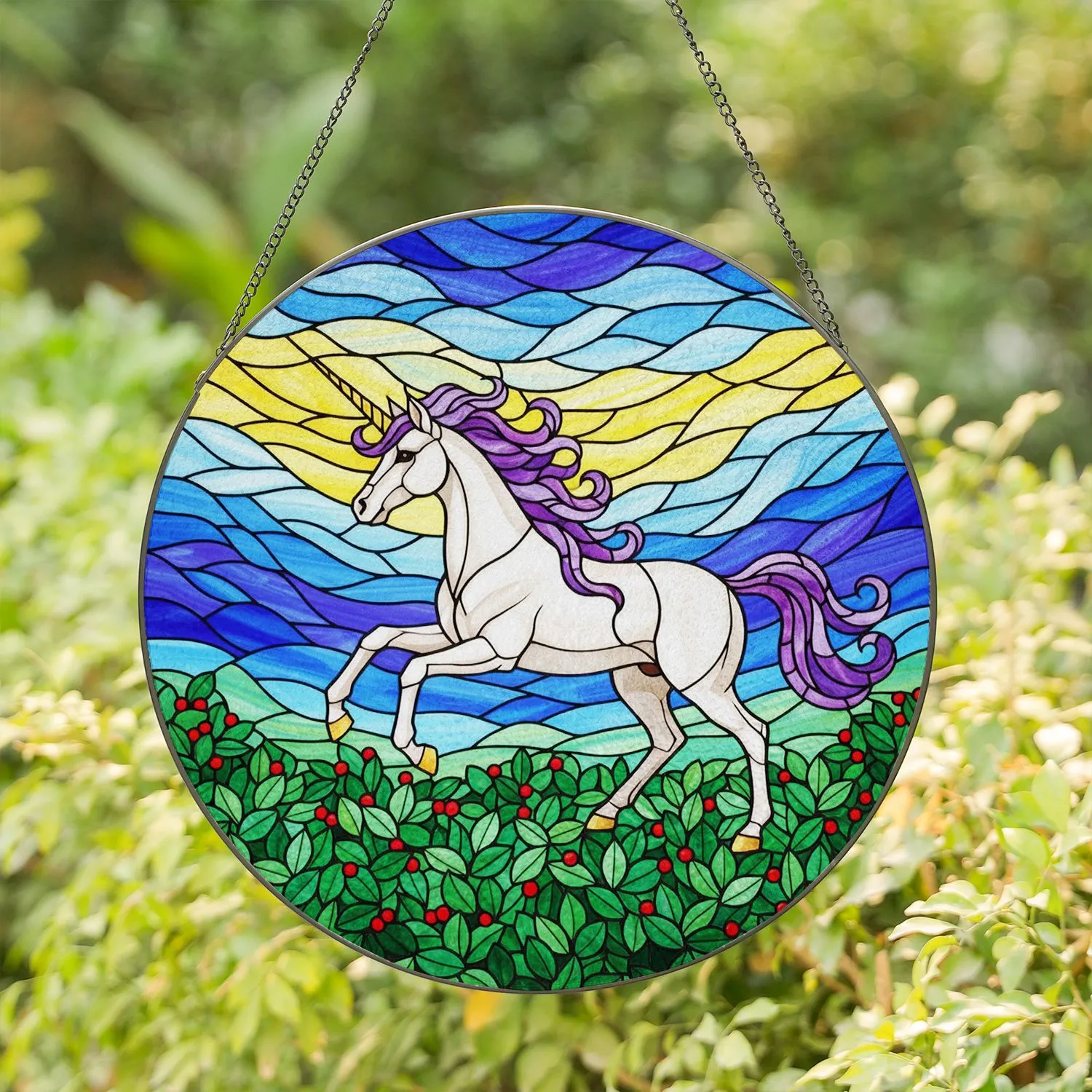 White Unicorn Stained Glass Tiffany Style Purple Mane Golden Horn Hooves Mosaic Art Stained Glass Suncatcher - 1