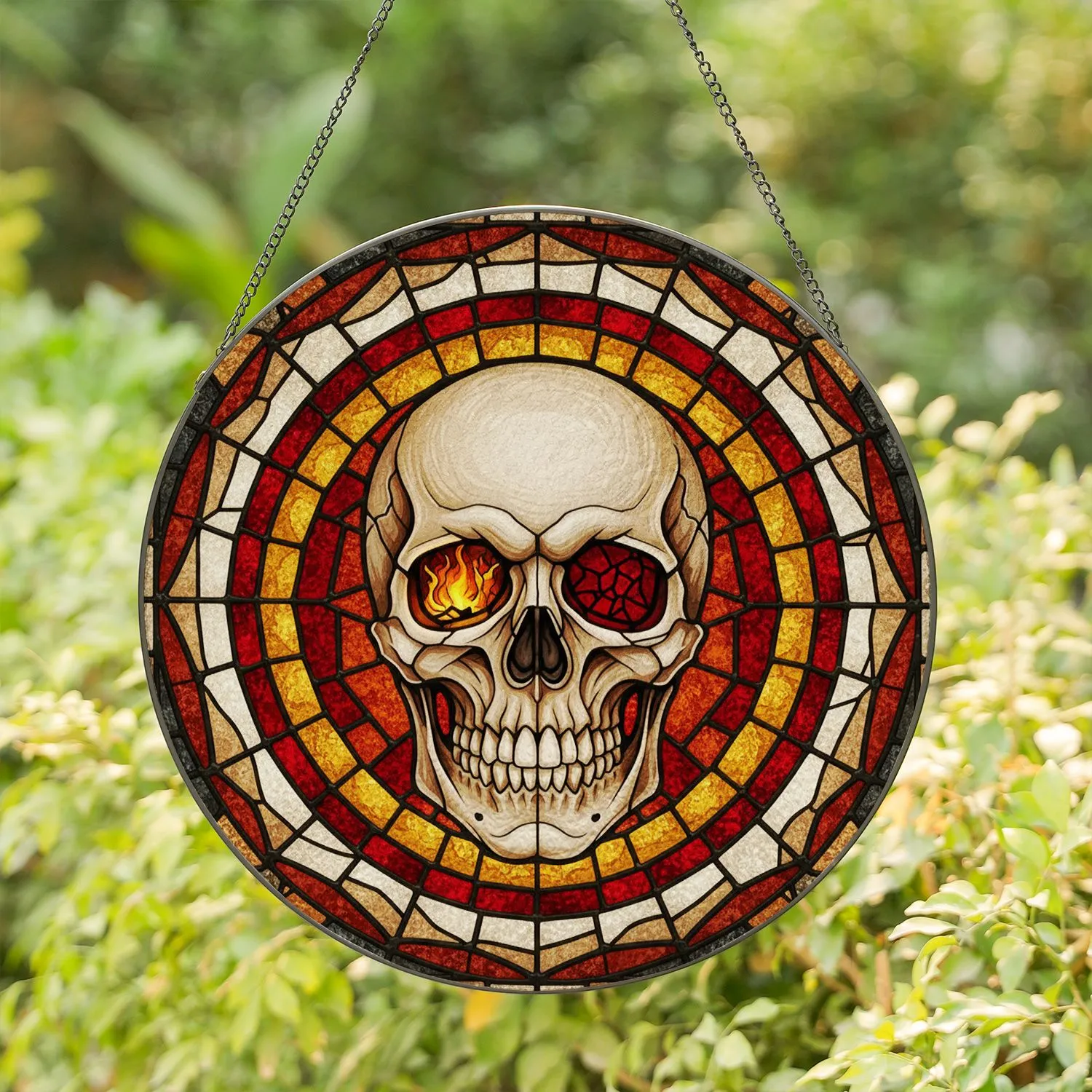 Detailed Human Skull Stained Glass Mosaic Art - Glowing Ember Eyes Tiffany Style Stained Glass Suncatcher - 1