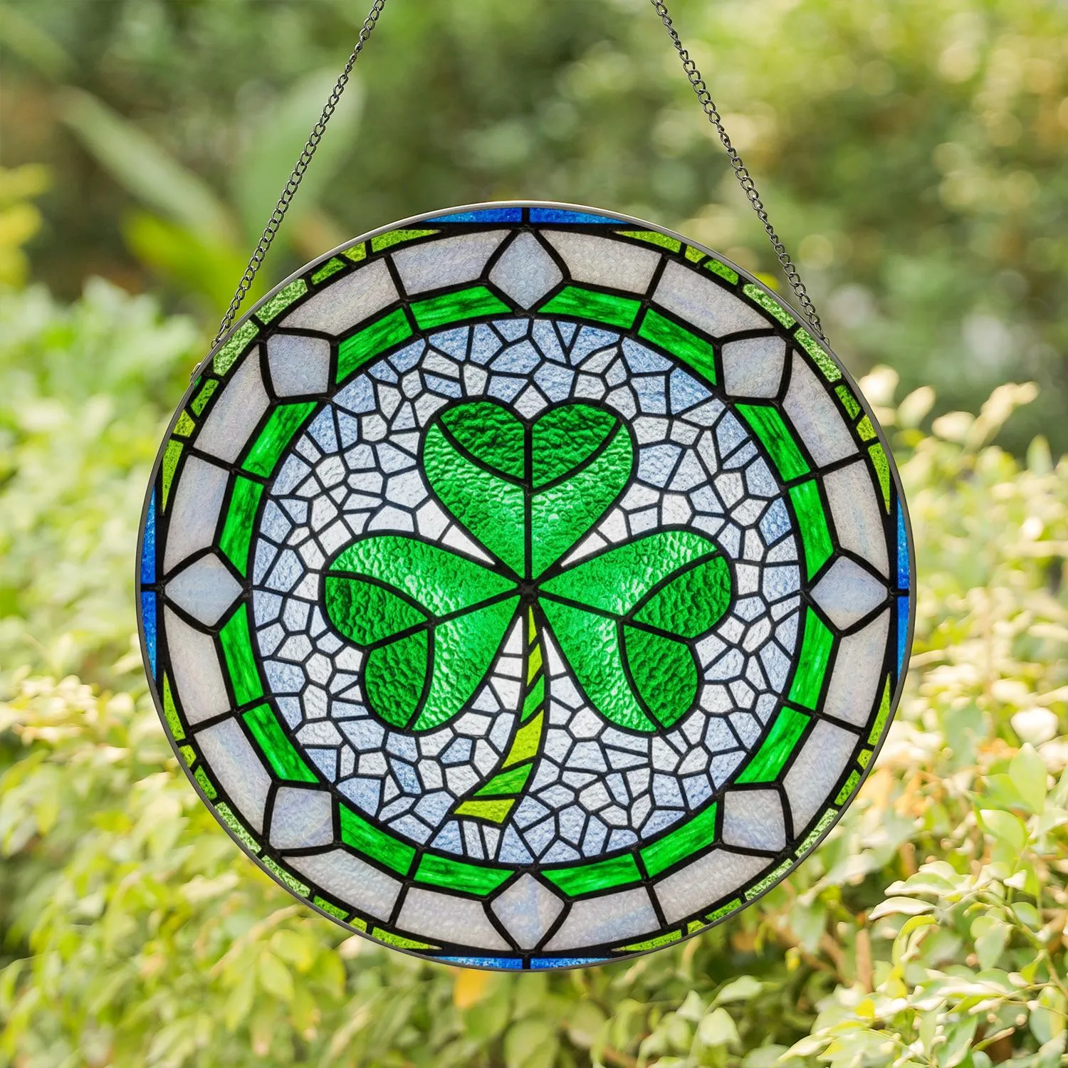 Shamrock Heart Leaves Textured Stained Glass Tiffany Art Jewel Tone Colorful Intricate Pattern Stained Glass Suncatcher - 1