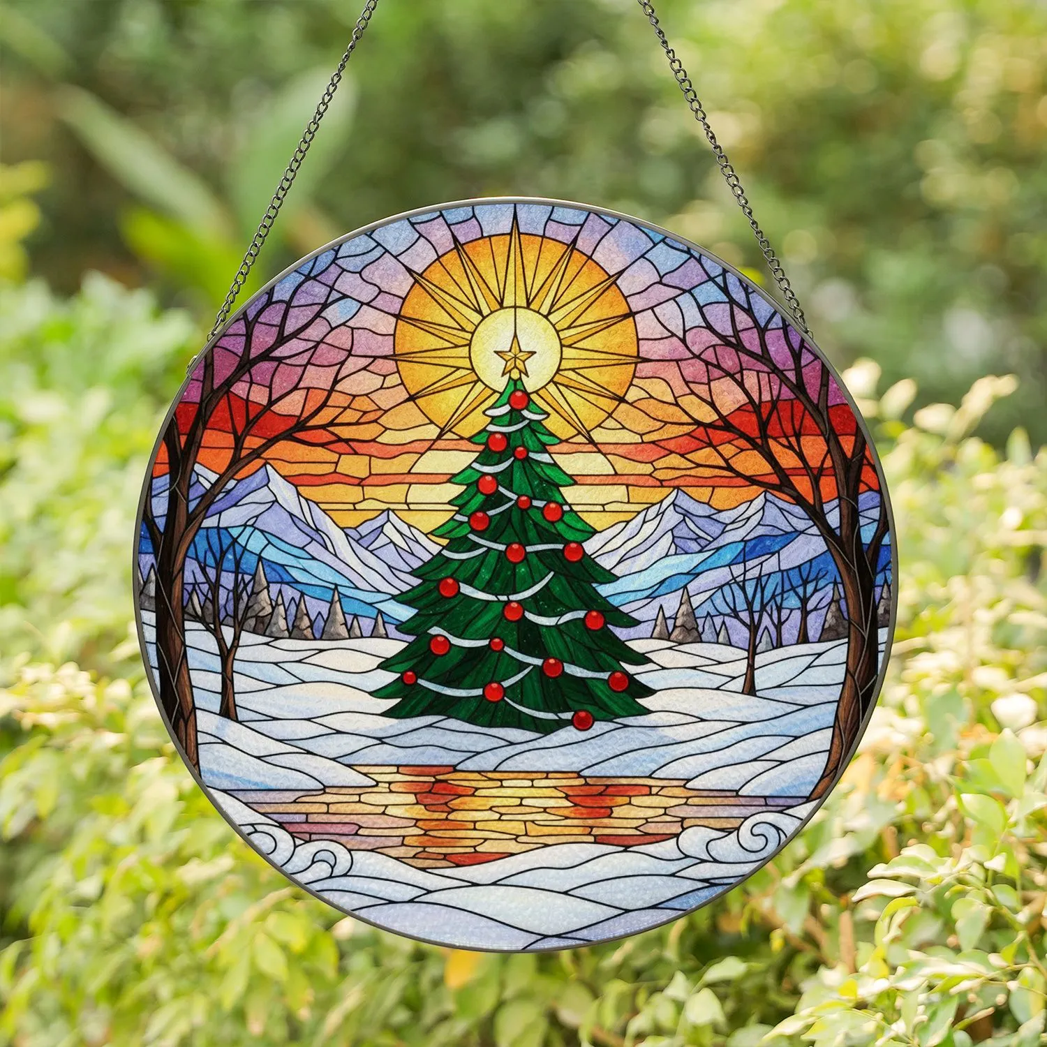 Radiant Sun Christmas Tree Snowy Mountains Lake - Tiffany Stained Glass Winter Decor Stained Glass Suncatcher - 1