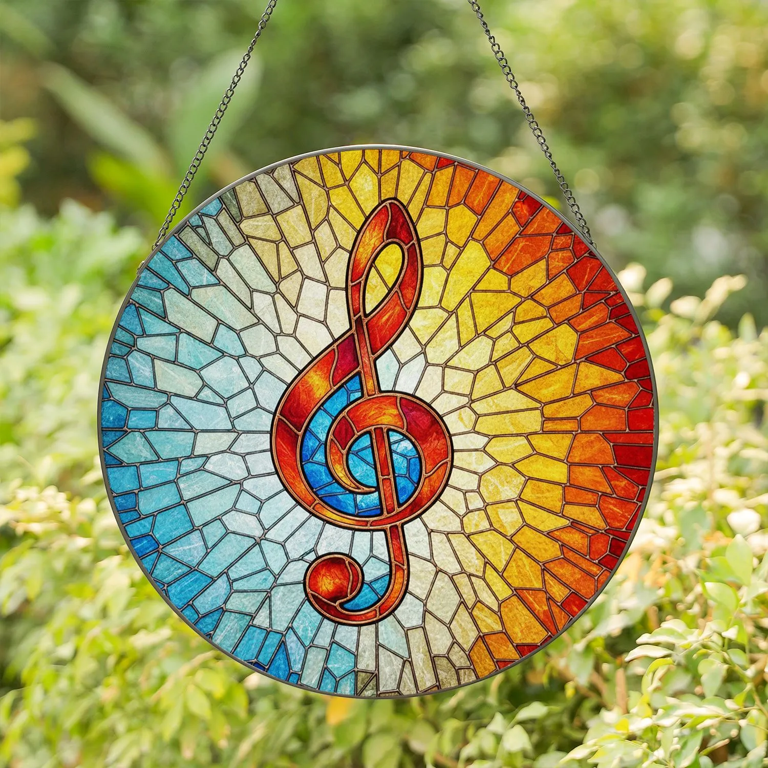 Stained Glass Treble Clef Mosaic Tiffany Art - Iridescent Music Symbol Radial Gradient Stained Glass Suncatcher - 1