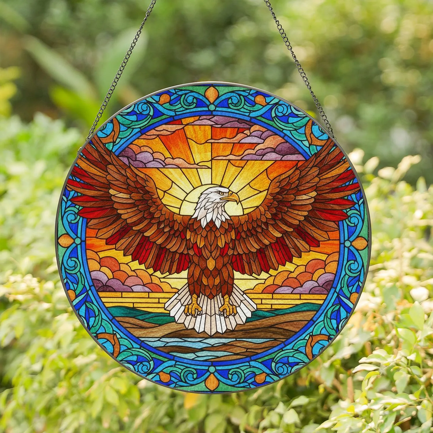 Bald Eagle Sunset Stained Glass Art - Tiffany Style with Ornate Floral Geometric Border Stained Glass Suncatcher - 1