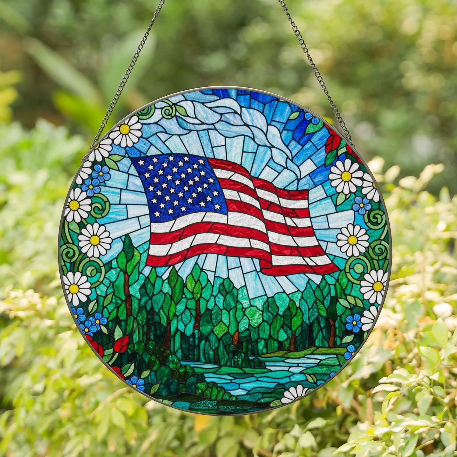 Waving American Flag Tiffany Stained Glass Floral Mosaic - Patriotic Home Decoration Stained Glass Suncatcher - 1